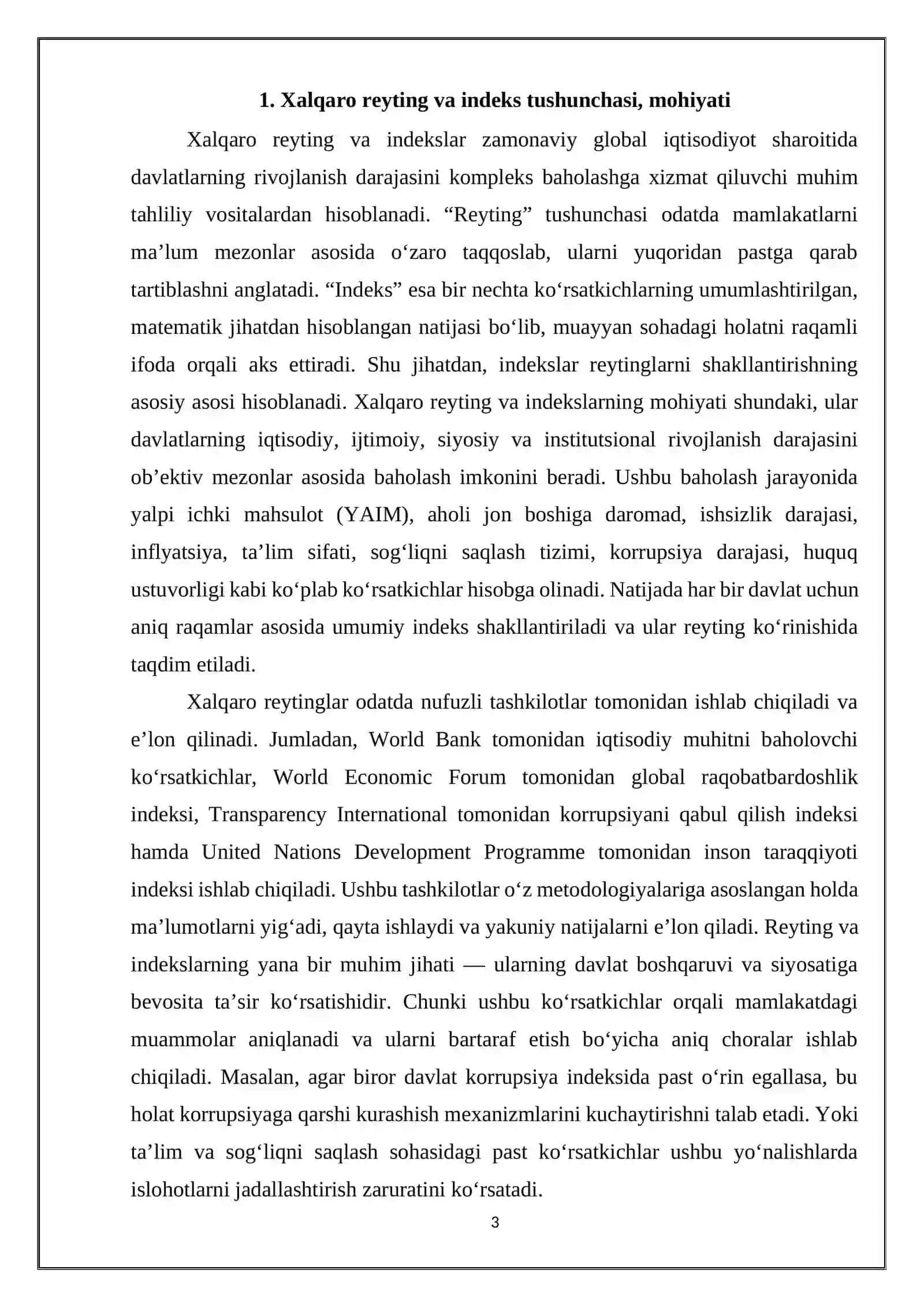 Iqtisodiy va ijtimoiy sohadagi ustuvor halqaro reytinglar va ularga O‘zbekistonning integrasiyalashuvi 3