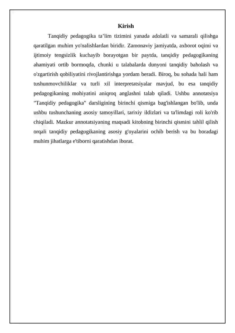 Mavzu: "Tadqidiy pedagogika" darsligi 1-bolimi yuzasidan annotatsiya yozish 3