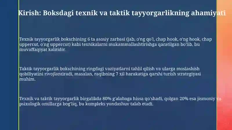 Bokschilarni texnik-taktik tayyorgarligini tokimishtirish 3