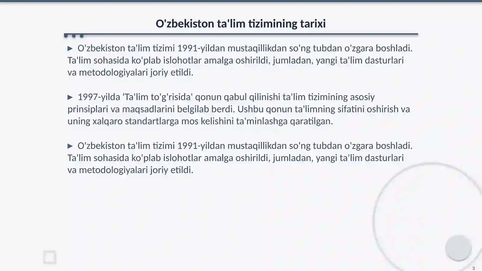 Ta‟lim tizimidagi islohotlar va ularning natijalari. Fan O'zbekistonning eng yangi tarixi 3