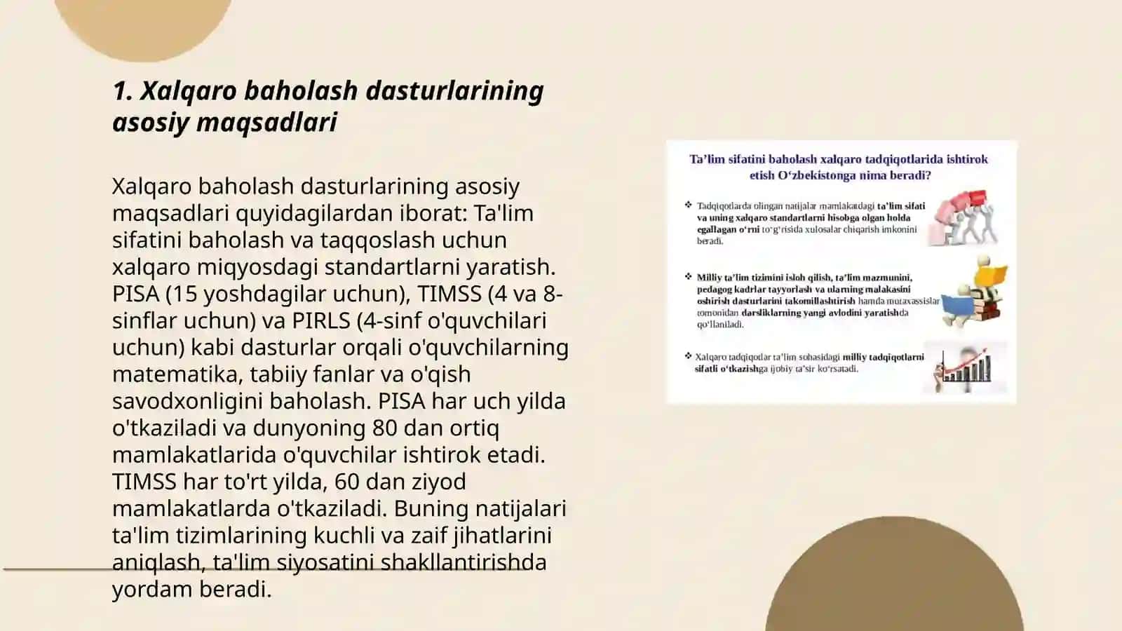 Xalqaro baholash dasturlarining maqsadi, mazmun sohalari hamda topshiriqlari, bularni baholash mezonlari 3