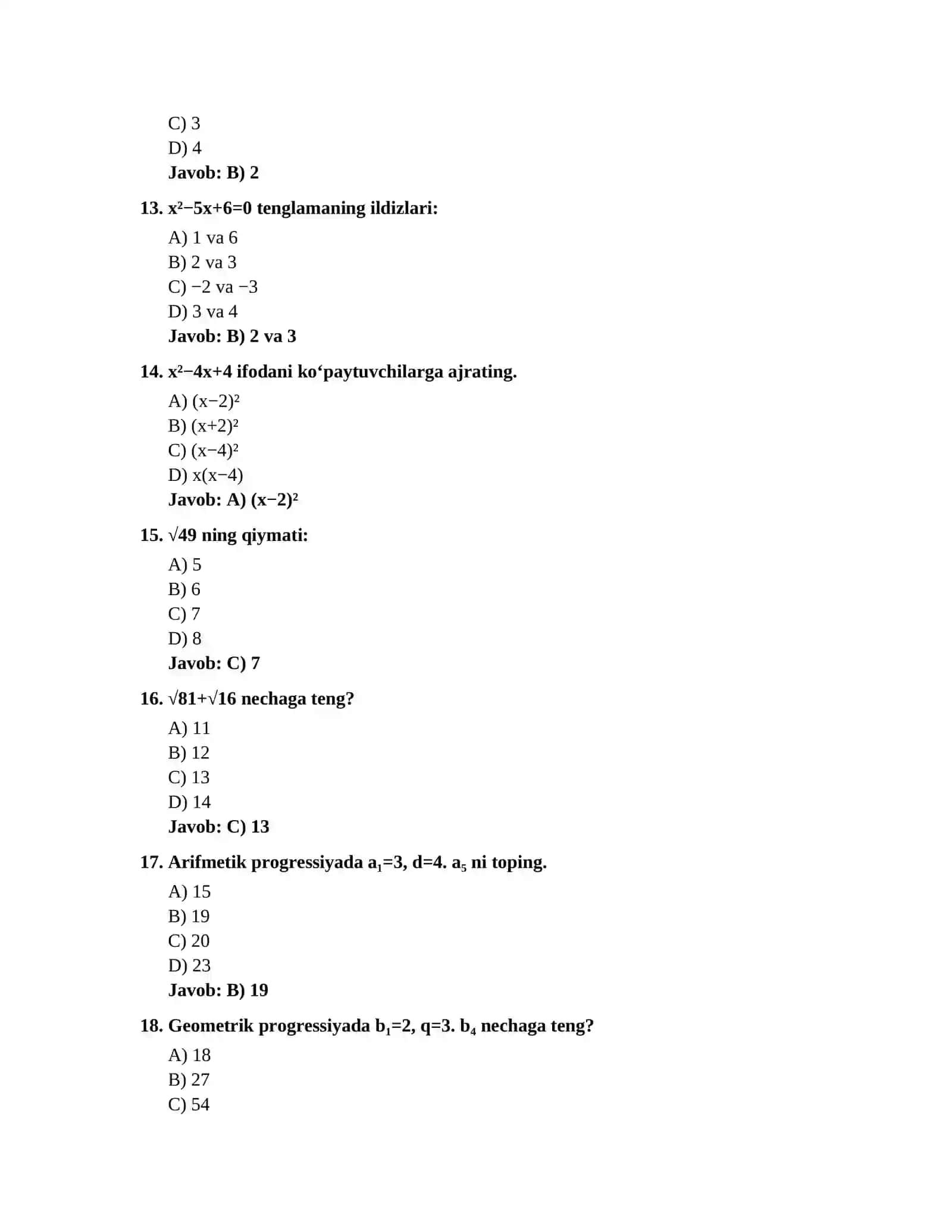 11-sinf bo'yicha matematika attatsatsiya testlari 3