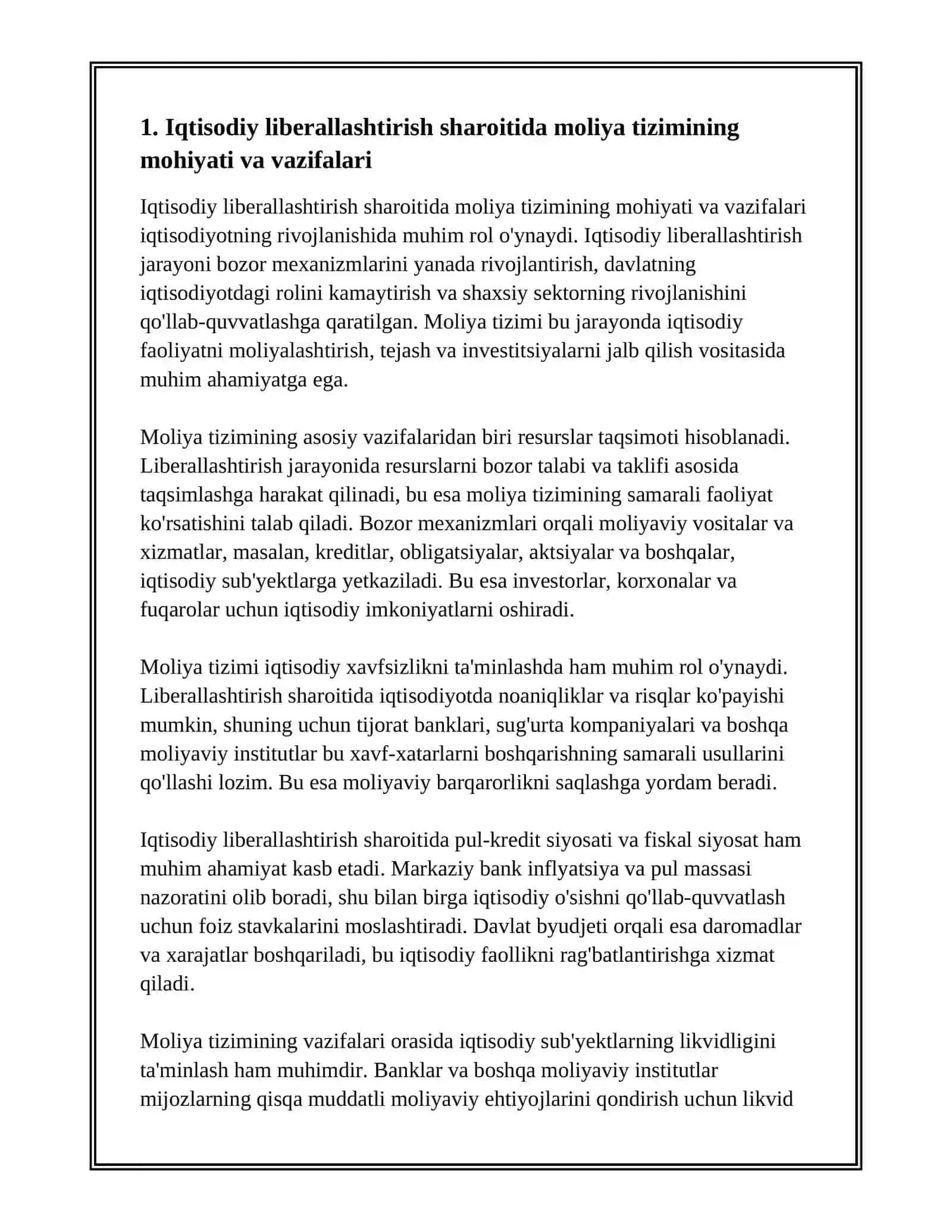 IQTISODIYOTNI LIBERALLASHTIRISH SHAROITIDA MOLIYA TIZIMINING MOHIYATI VA O'ZIGA XOS XUSUSIYATLARI 3