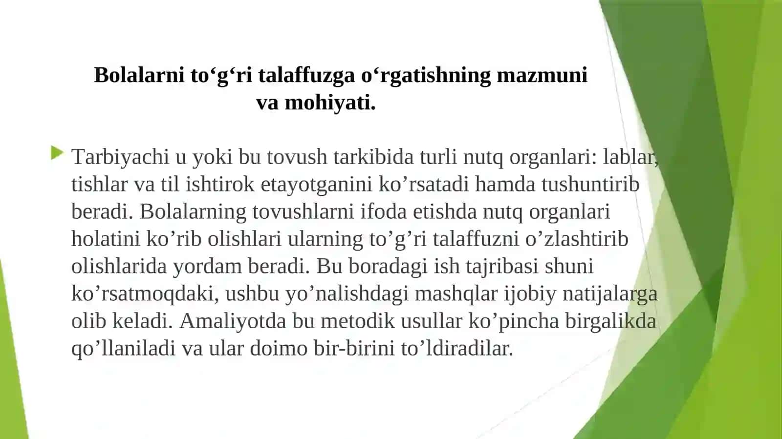 Tovushlаrning to‘g’ri tаlаffuzi yuzаsidаn olib borilаdigаn ishlаr mazmuni.Maktabgacha yoshdagi bolalarda nutqning grammatik qurilishni shakllantirish mazmuni 3