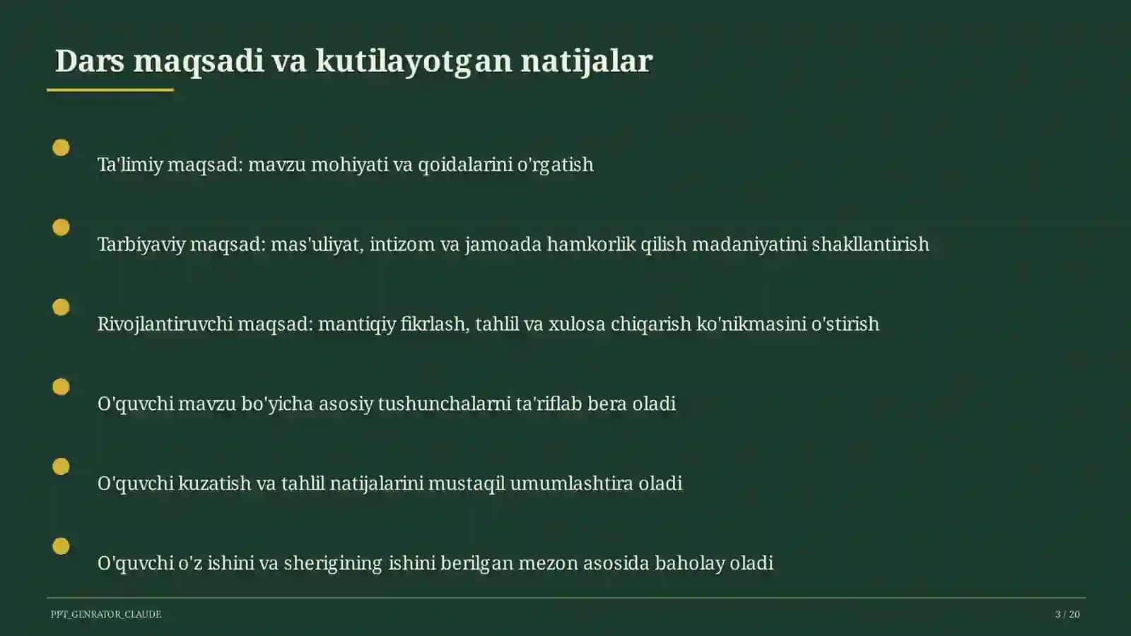 Dars tahlili: kuzatuv va baholash mezonlari 3