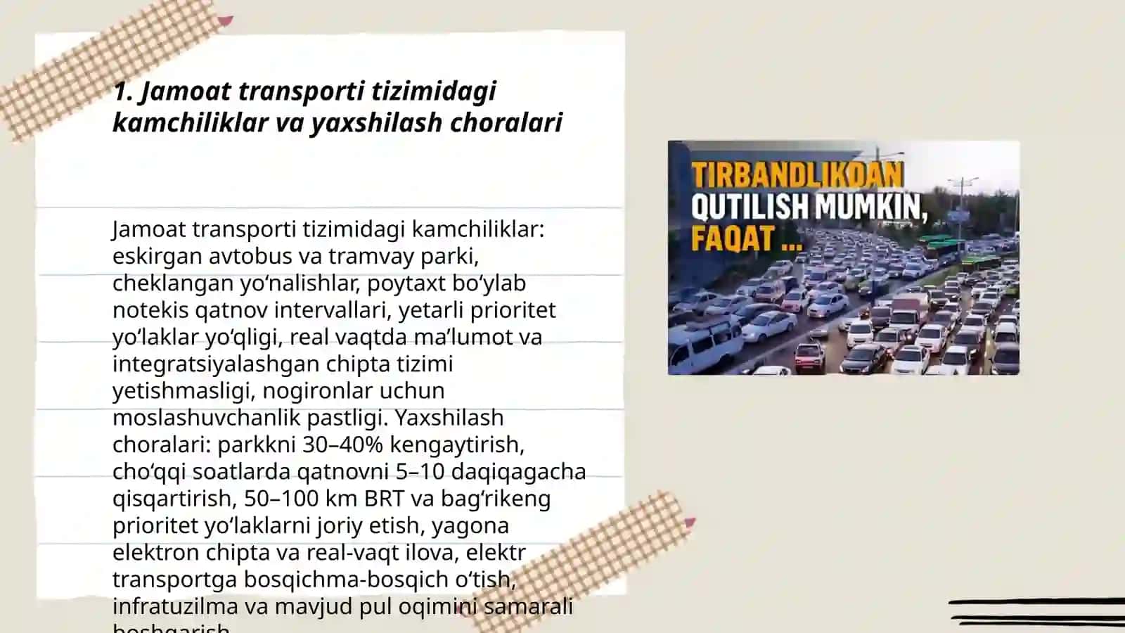 Toshkent shahrida tirbandlik sabablari va ularga yechimlar 3