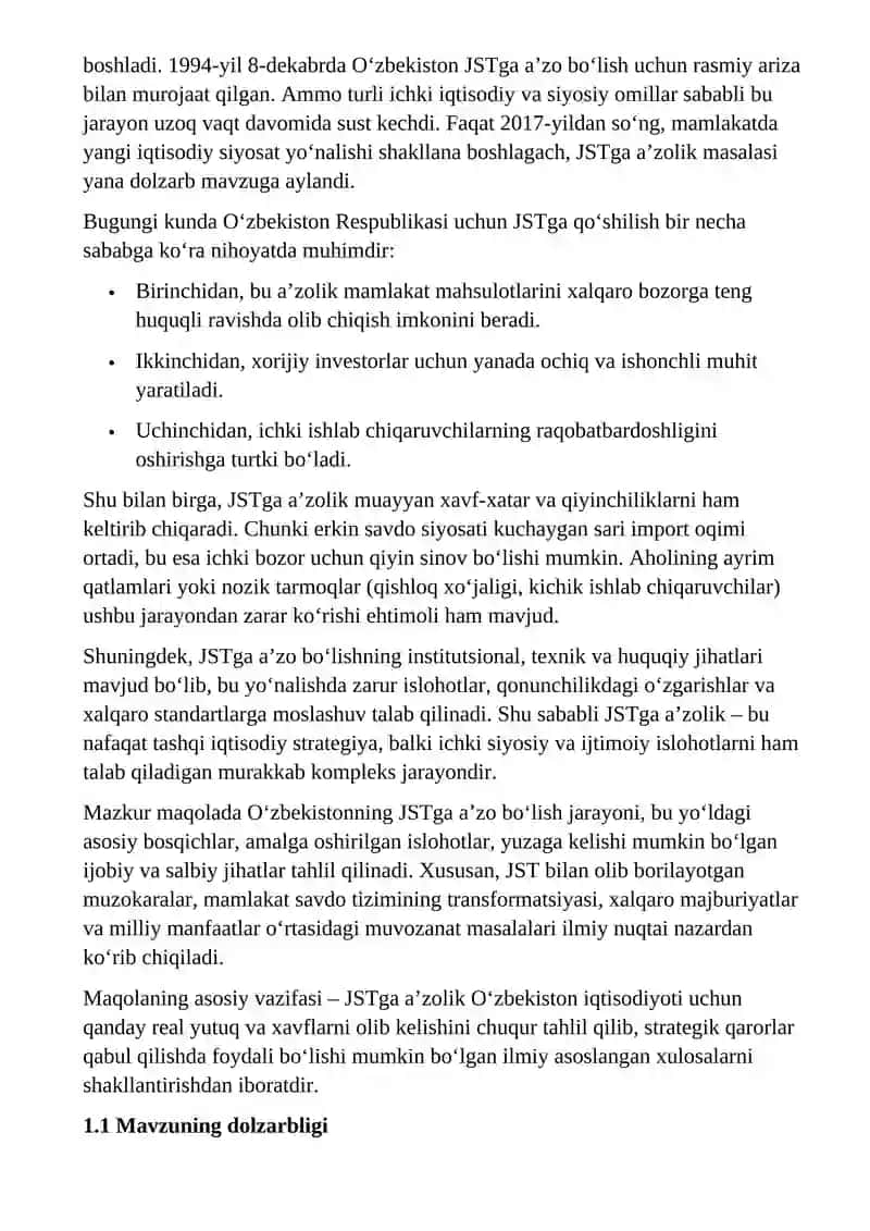 O'zbekiston Respublikasi jahon savdo tashkilotiga a'zo bo'lishi va tahliliy xulosasi, yutuqlari va kamchiliklari 3