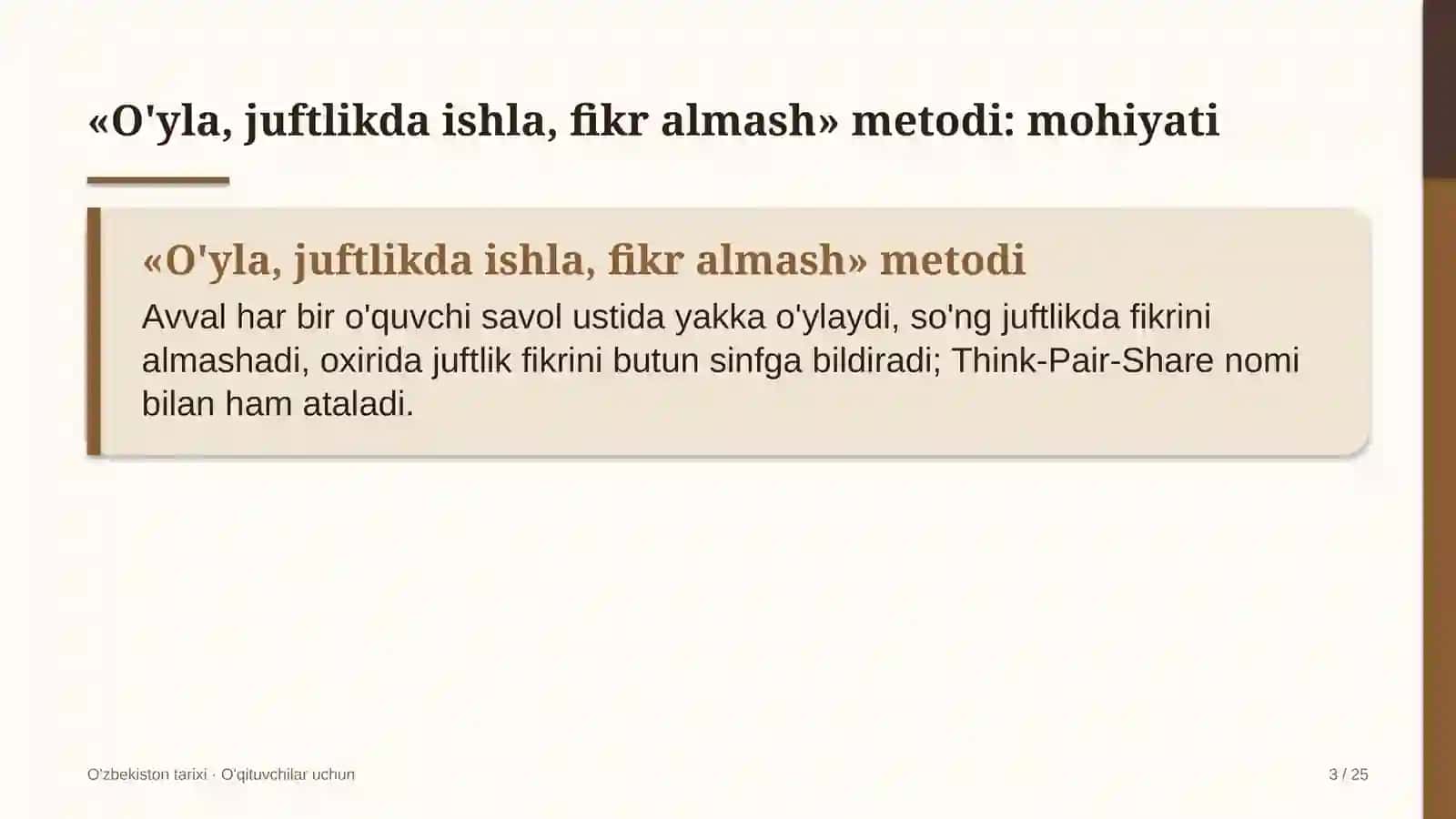 o'zbekiston tarixi darslarida o'yla juftlikda ishla fikr almash metodidan foydalanish 9881 3