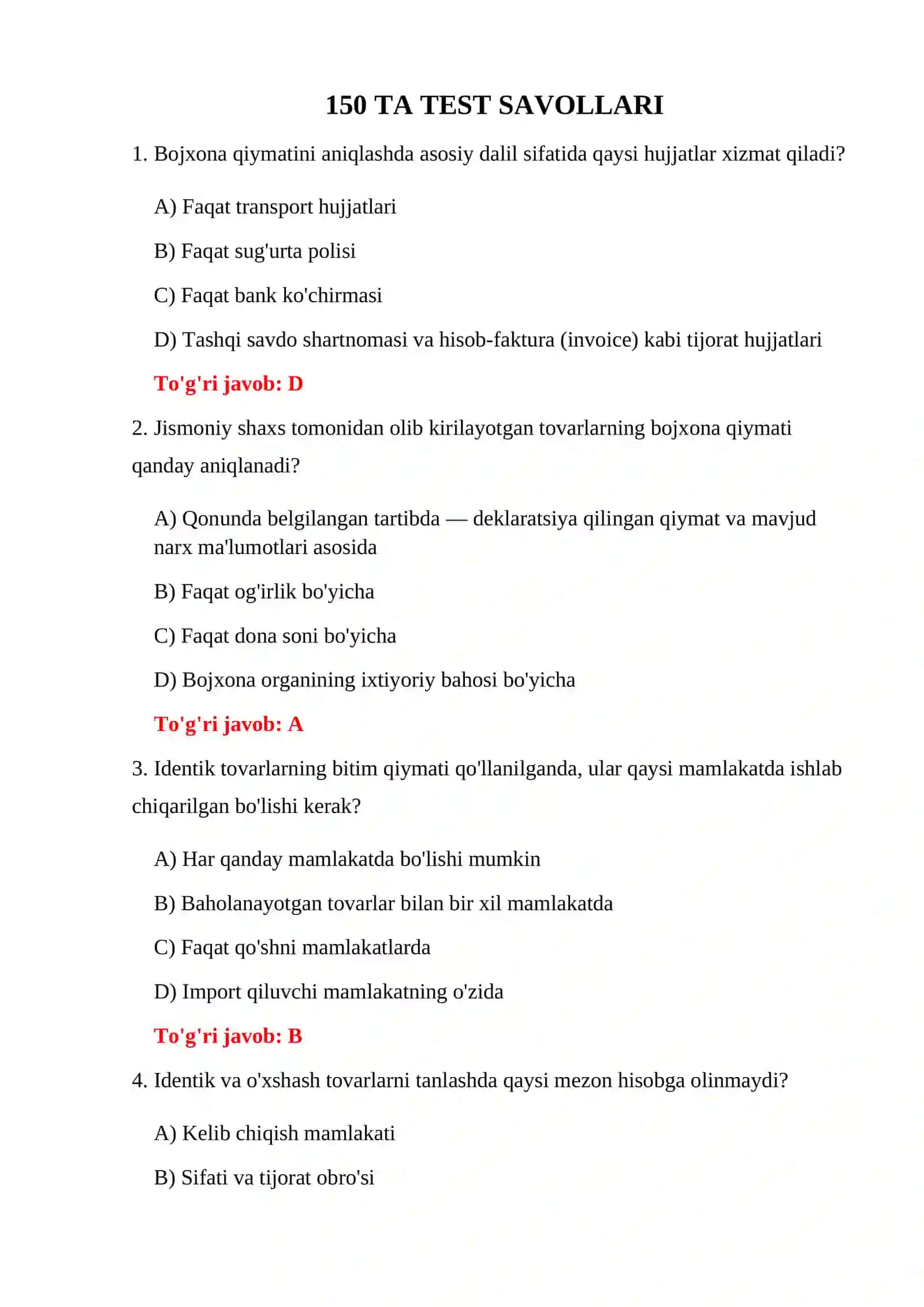 BOJXONA QIYMATI NAZORAT TESTLARI 3