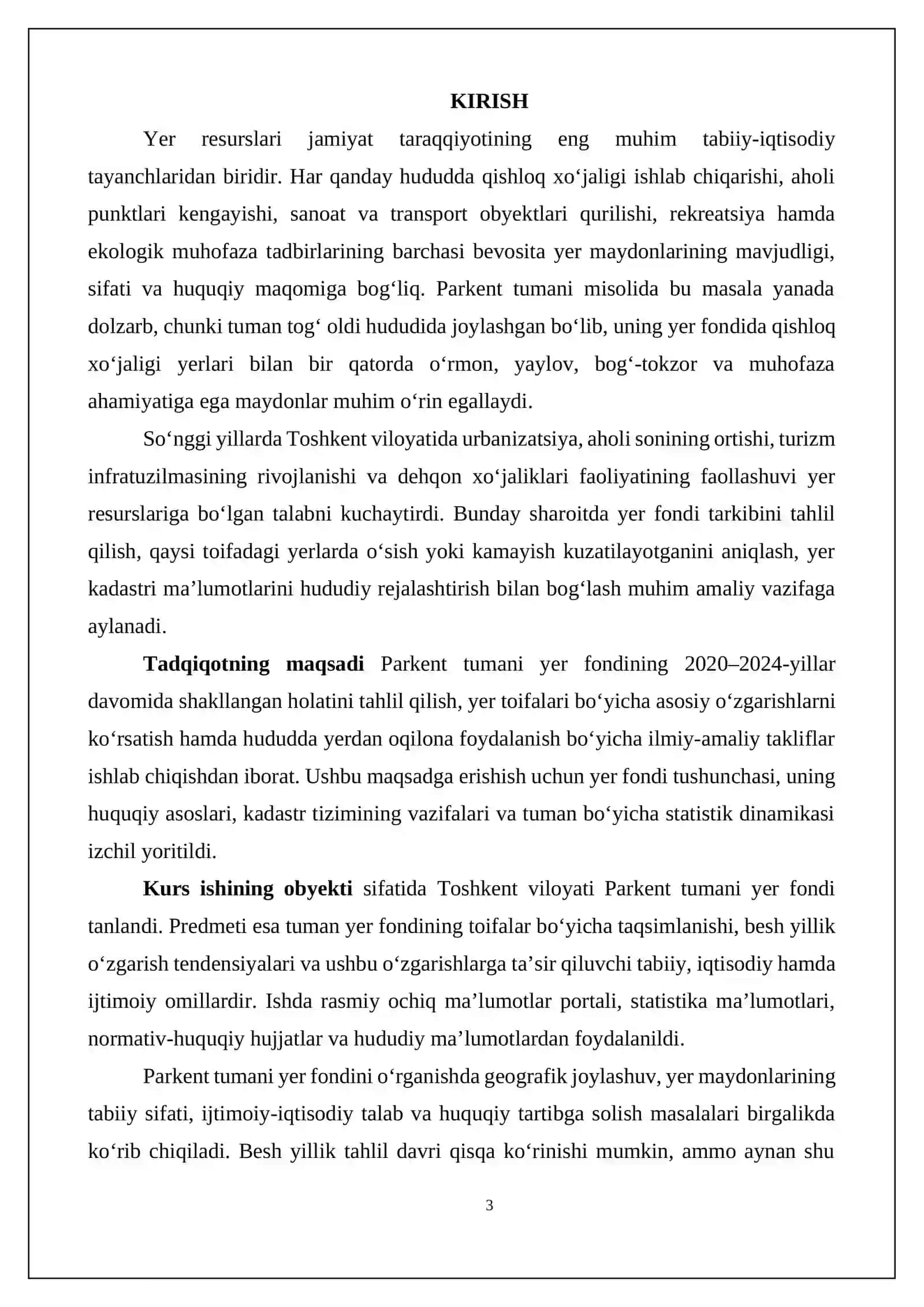 Toshkent viloyati Parkent tumani oxirgi 5 yillikdagi tuman yer fondi boyicha tahlili KURS ISHI 3