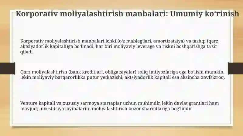Korporativ moliyalashtirish manbalari: Umumiy koʻrinish 3
