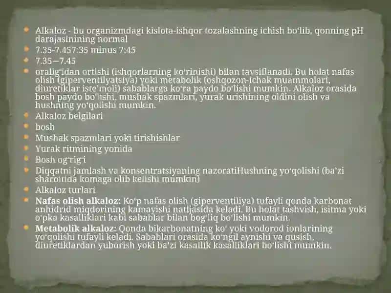 Nafas va metabolik atsidoz, alkalozlari kelib chiqishi, biokimyoviy tashxisi 3