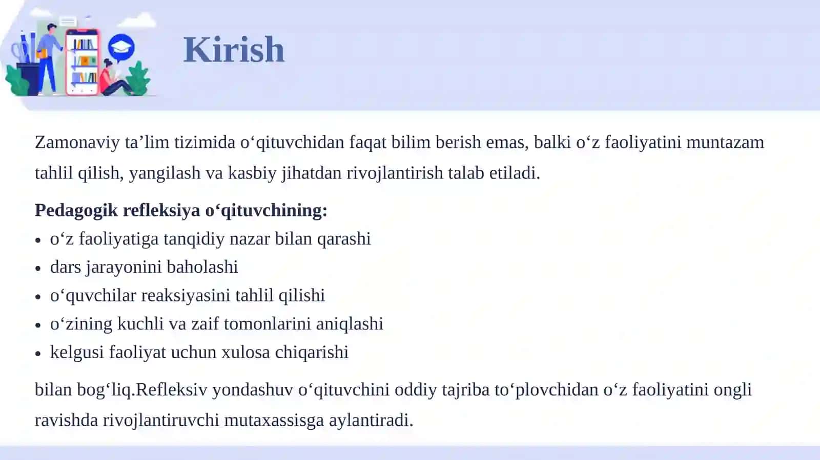 O‘QITUVCHINING PEDAGOGIK REFLEKSIYASI VA KASBIY RIVOJLANISHDAGI O‘RNI 3