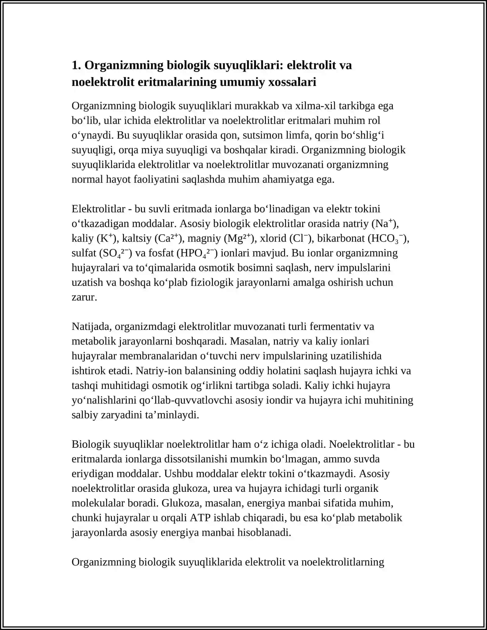 ORGANIZMNING BIOLOGIK SUYUQLIKLARI ELEKTROLITLAR VA NOELEKTROLITLAR ERITMALARI SIFATIDA 3