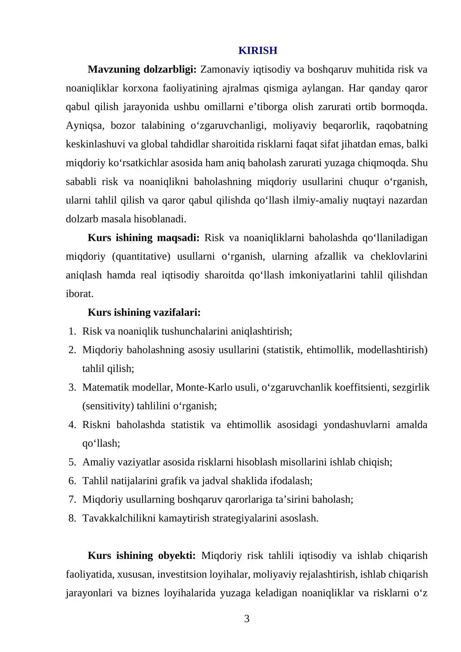 RISK VA NOANIQLIKNI BAHOLASHNING MIQDORIY USULLARI kurs ishi 3