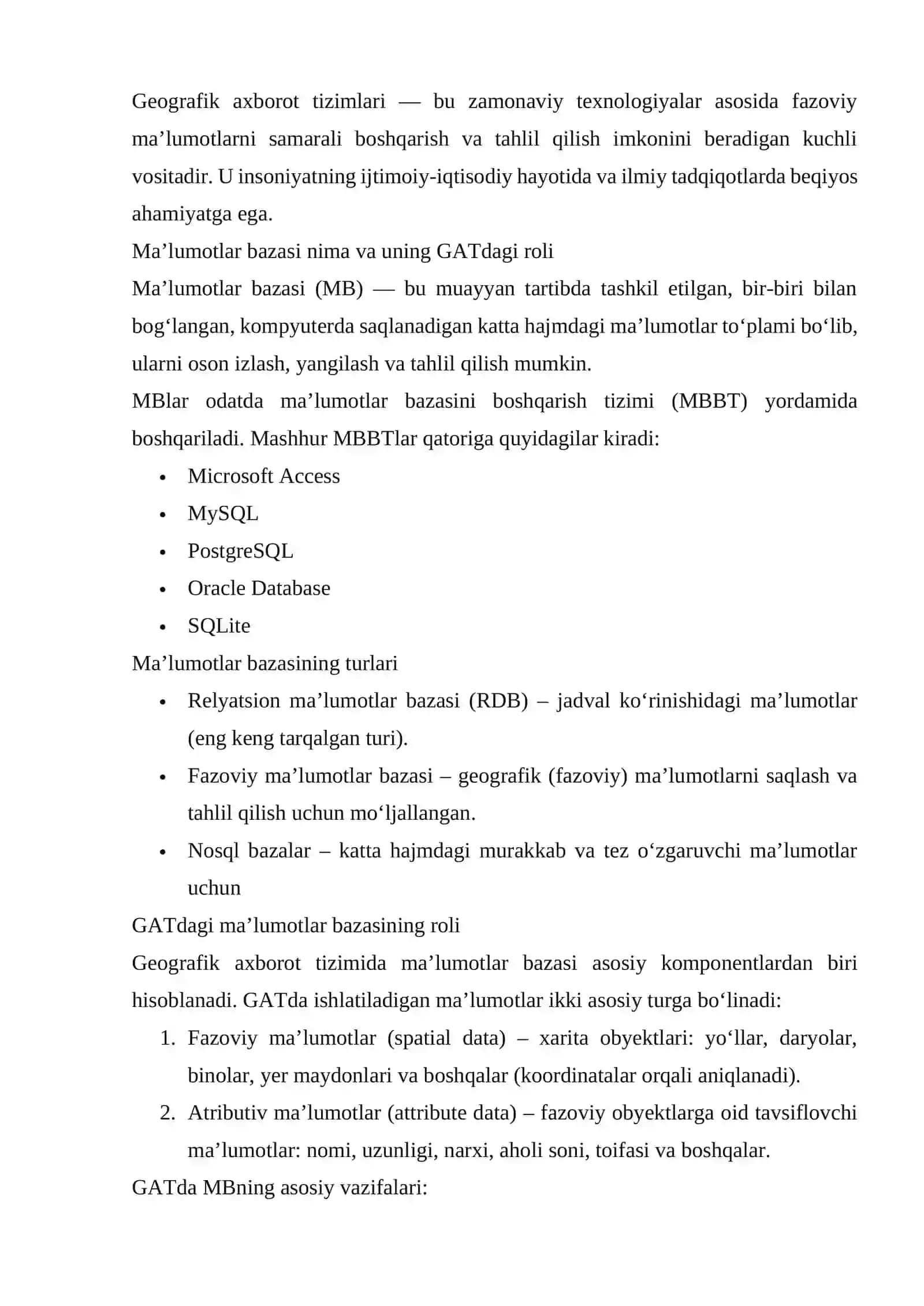 Geografik axborot tizimida ma'lumotlar bazasi 3