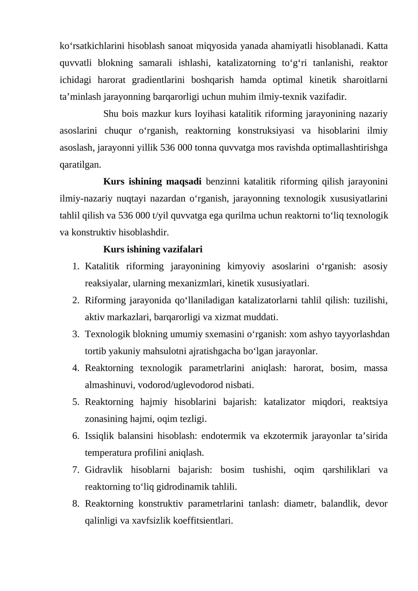 Benzinni katalitik riforming qilish jarayonida reaktorni hisobi 536000t/yil kurs loyiha hisobini 3