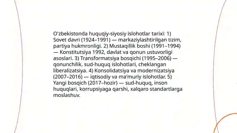 O'zbekistonda huquqiy siyosiy islohotlarning amalga oshirilishi, demokratik jamiyatni shakllantirish yo'lidagi islohotlar 3