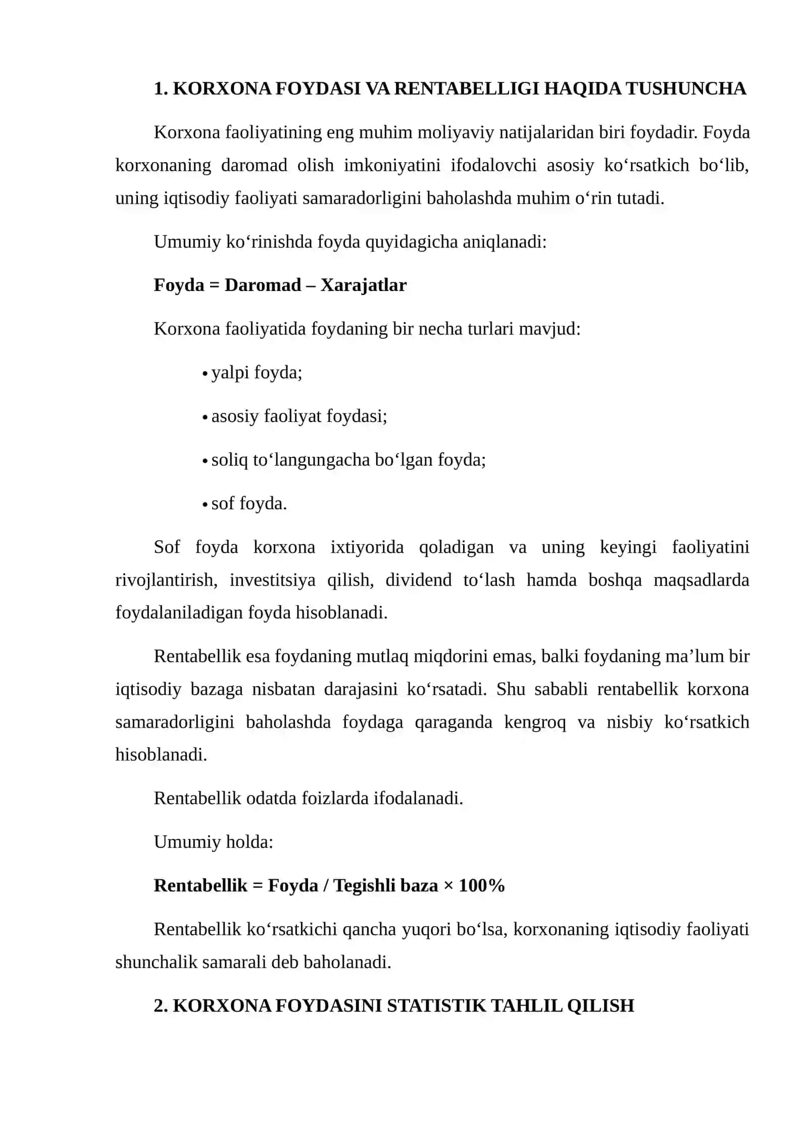 KORXONANING FOYDASI VA RENTABELLIGINI STATISTIK TAHLIL QILISH 3