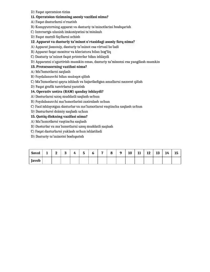 Informatika fanidan nazorat ishlar daftari 3