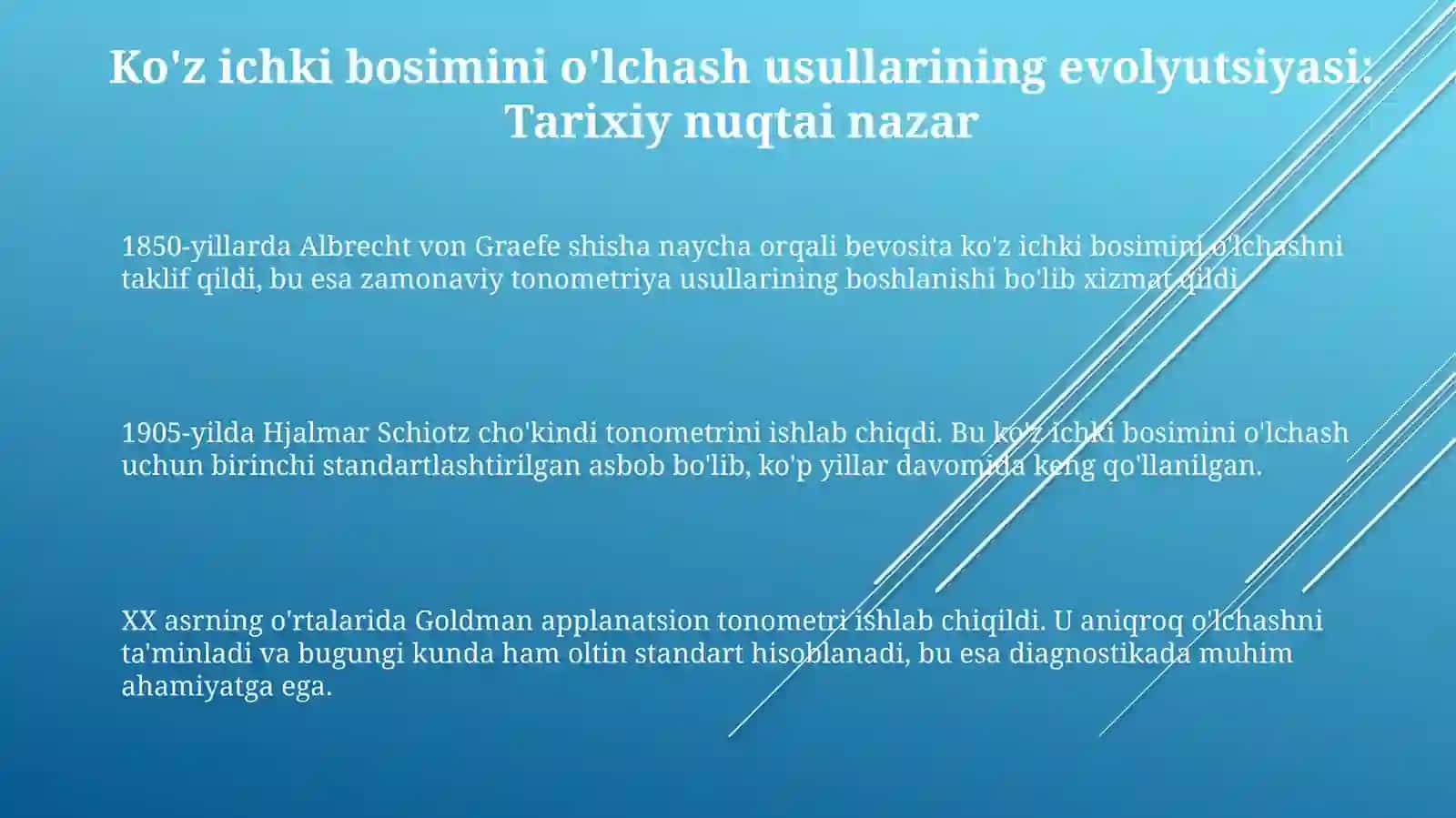 Ko'z ichki bosimini baholashning  innovation usullari Kontakt va kontaktsiz tonometriya 3