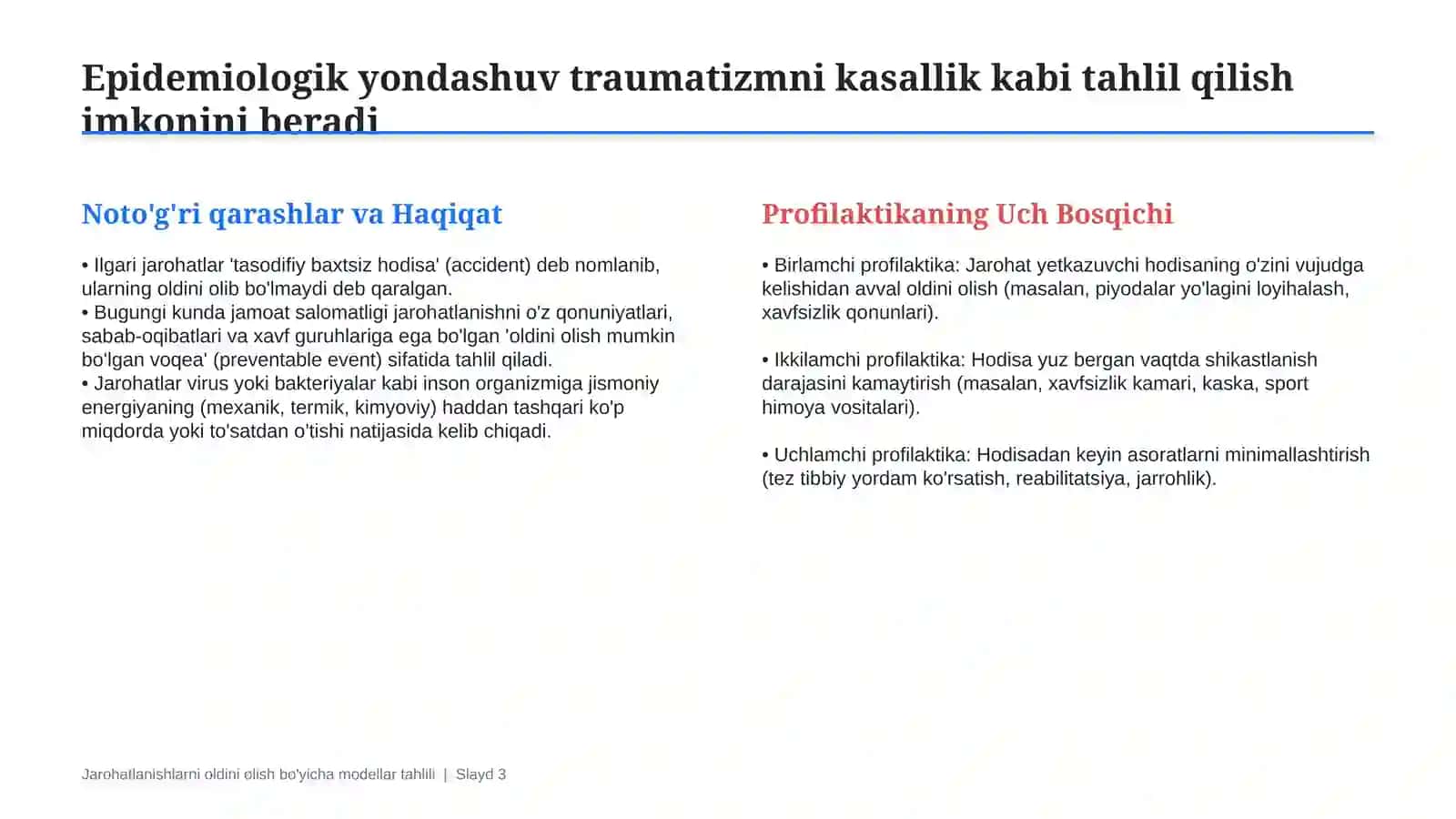 Jarohatlanishlarning oldini olish bo‘yicha modellar ishlab chiqish va ularni tahlil qilish | 15 slay 3