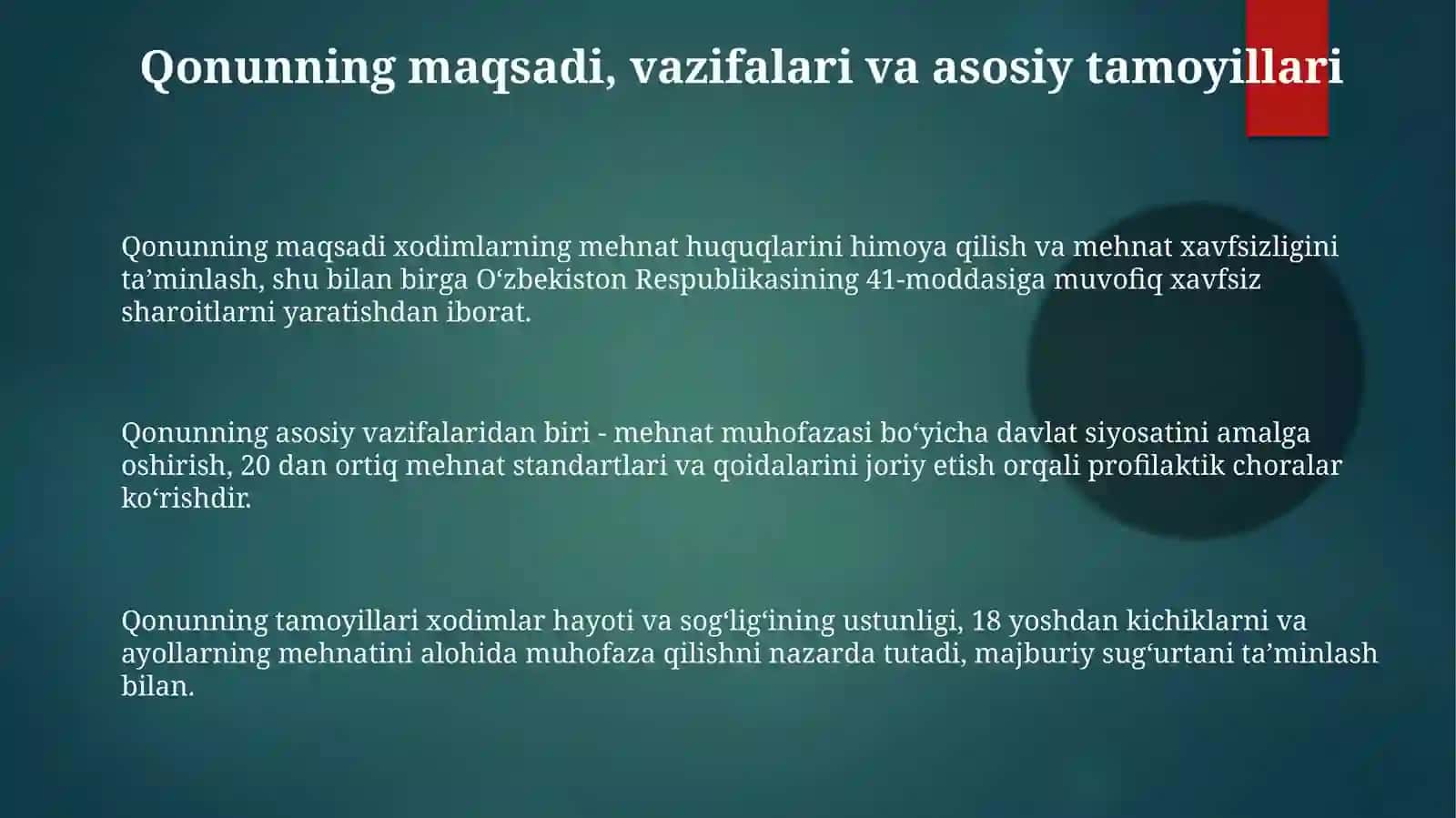 Oʻzbekiston Respublikasi "Mehnatni muhofaza qilish toʻgʻrisidagi" qonun mazmun va mahiyati 3