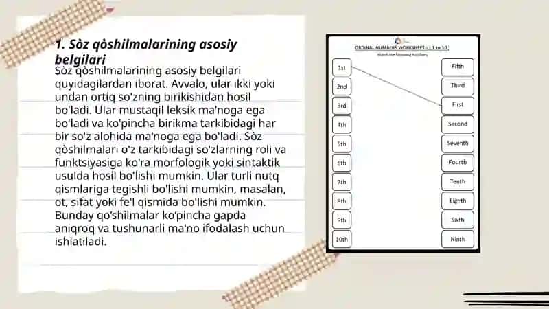 Sòz qòshilmalarining sòz birikmasi, sòz tizmasi va gap shaklida kelishi 3