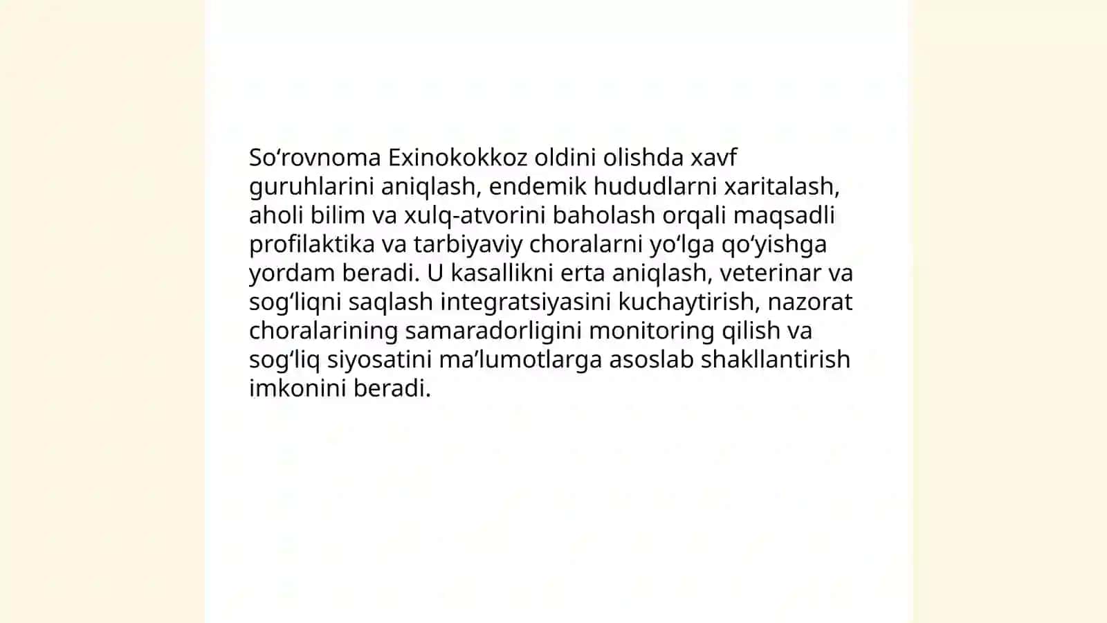 Soʻrovnoma oʻtkazishning Exinokokkoz kasalligining oldini olishdagi roli 3