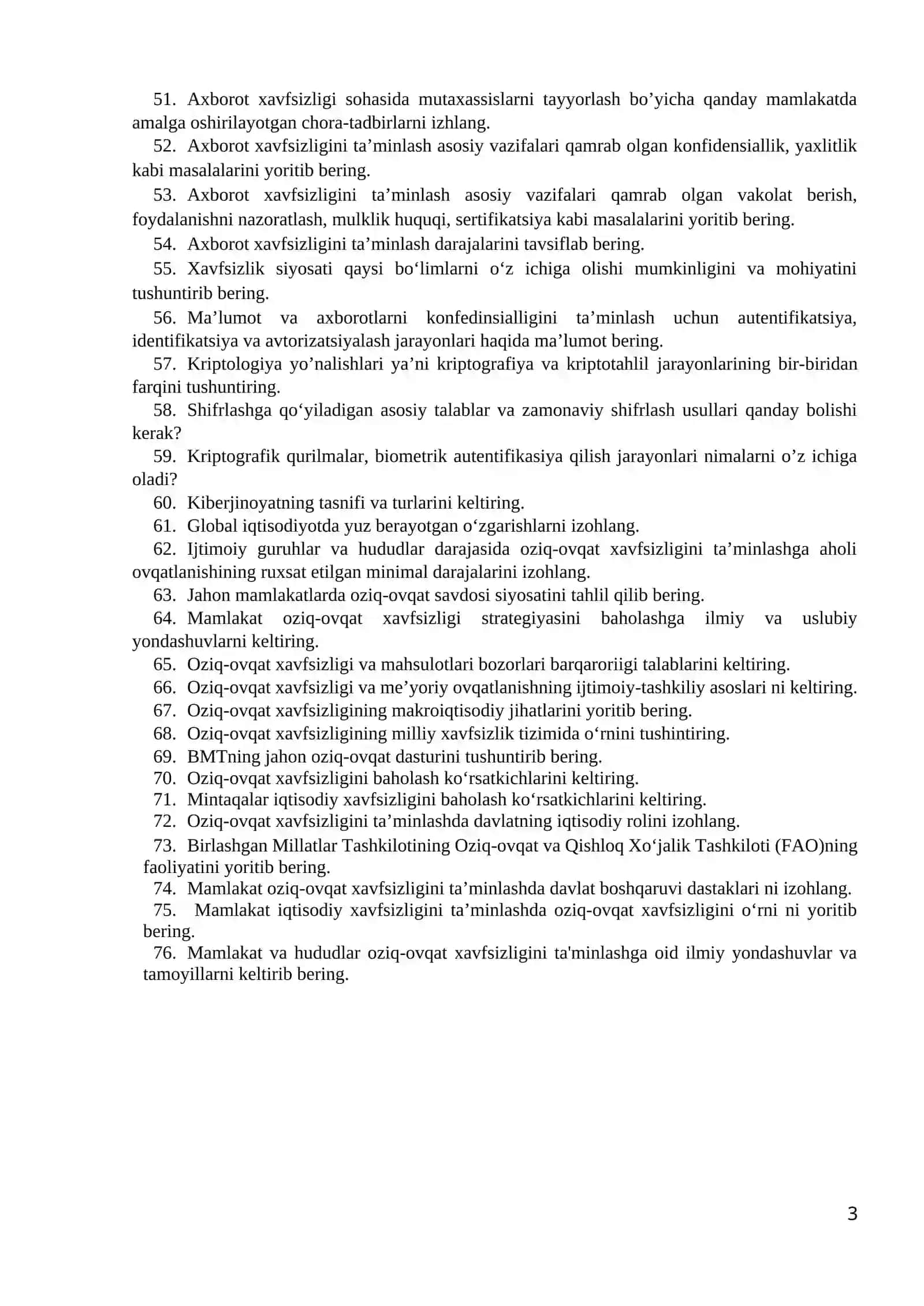 O‘zbekiston Respublikasi Prezidentining “2022 - 2026 yillarga mo‘ljallangan Yangi O‘zbekistonning Taraqqiyot strategiyasi to‘g‘risida”dagi PF-60 sonli farmonning mamlakatimizda iqtisodiy o’sishni ta’minlash bo‘yicha belgilangan vazifalarini iqtisodiy xavfsizlik nuqtai nazaridan yondoshib tahlil qilib bering 3