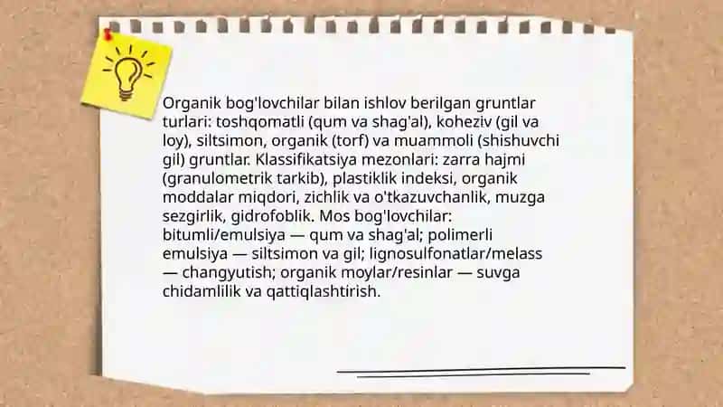 Organik bog'lovchilar bilan ishlov berilgan gruntlardan qoplamalarni qurish 3
