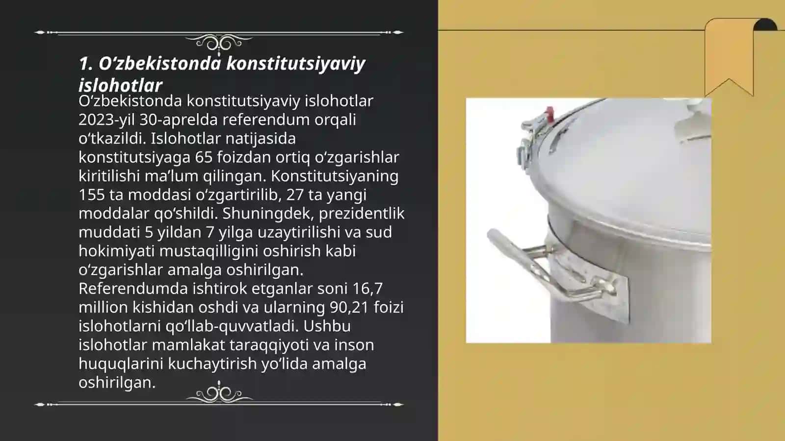 Oʻzbekistonda huquqiy siyosiy islohotlarning amalga oshirilishi,demokratik jamiyatni shakllantirish yoʻlidagi islohotlar 3