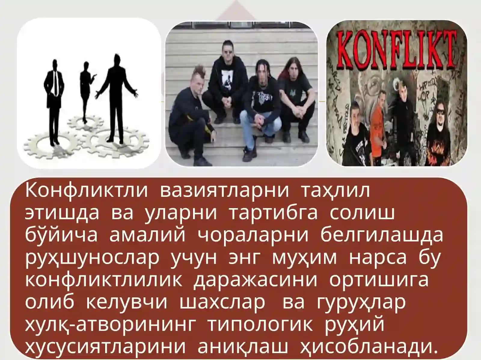 Konfliktishtirokchilariningrugiytiplari,konstruktiv,destruktiv,konform,abadiy.Konfliktogen 3