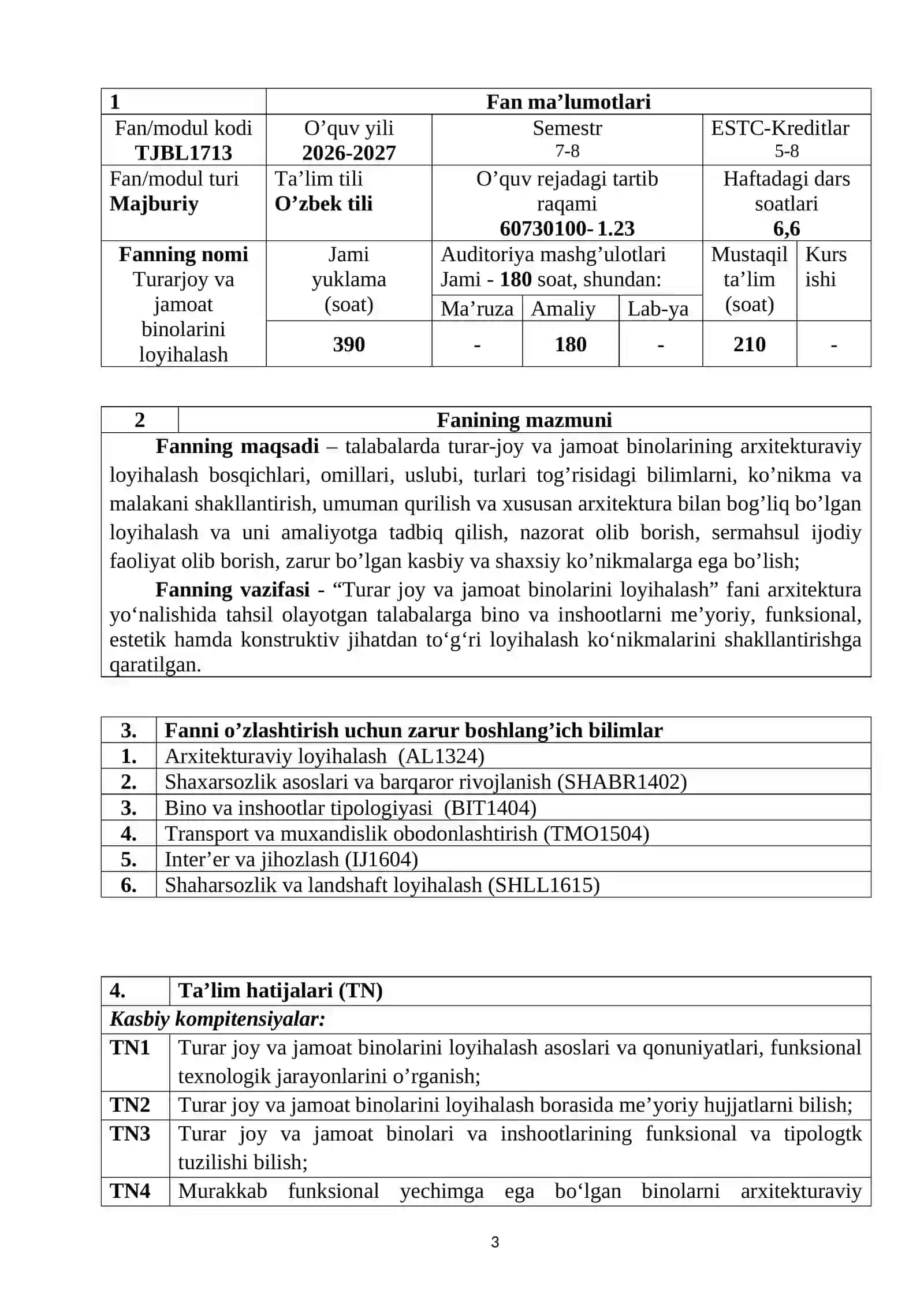 Turarjoy va jamoat binolarini loyihalash fanining o‘quv dasturi.docx 3
