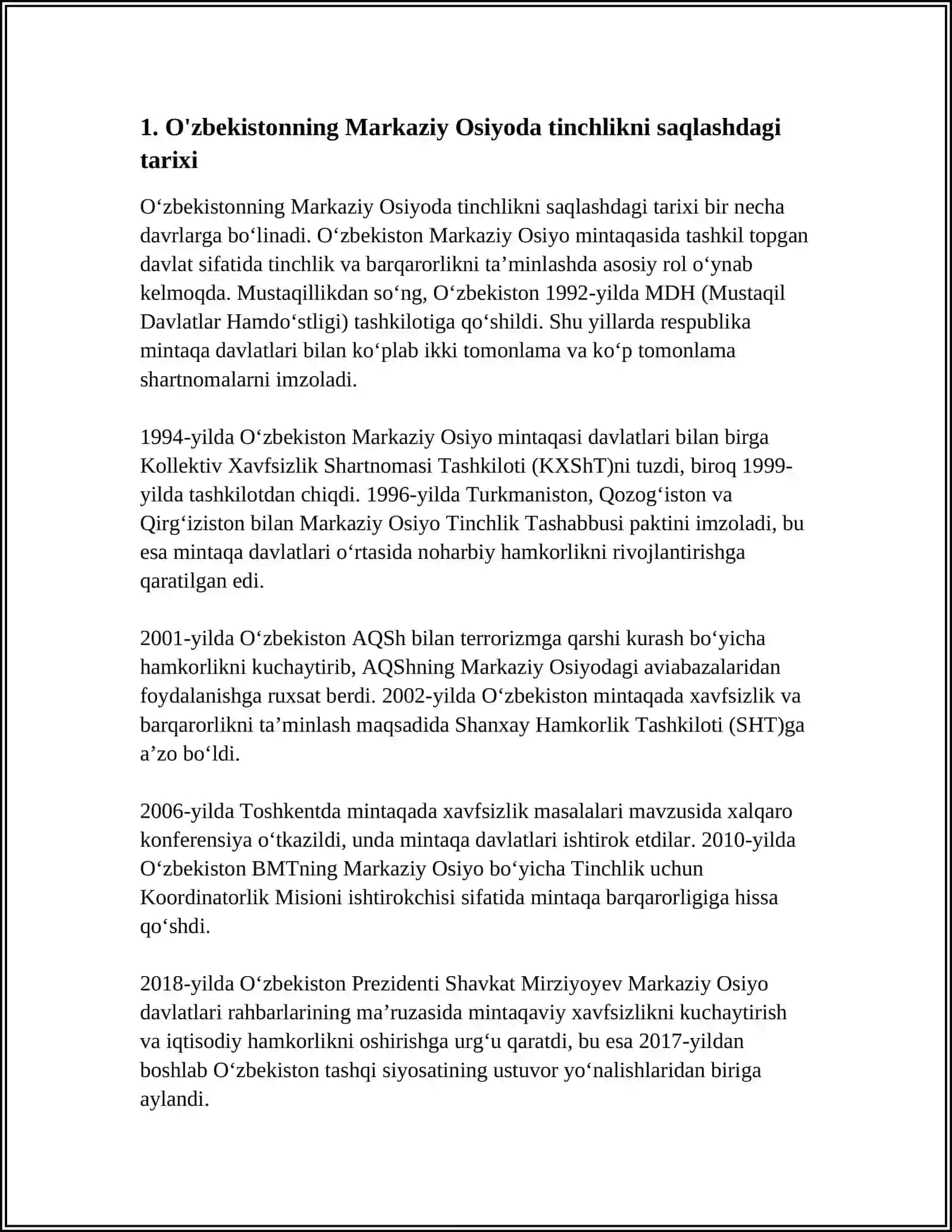 O'ZBEKISTONNING MARKAZIY OSIYODA TINCHLIK VA BARQARORLIKNI TA'MINLASHDAGI O'RNI 3