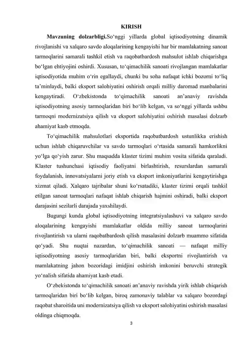 TO'QIMACHILIK MAHSULOTLARI EKSPORTIDA KLASTER TIZIMINING O'RNI 3