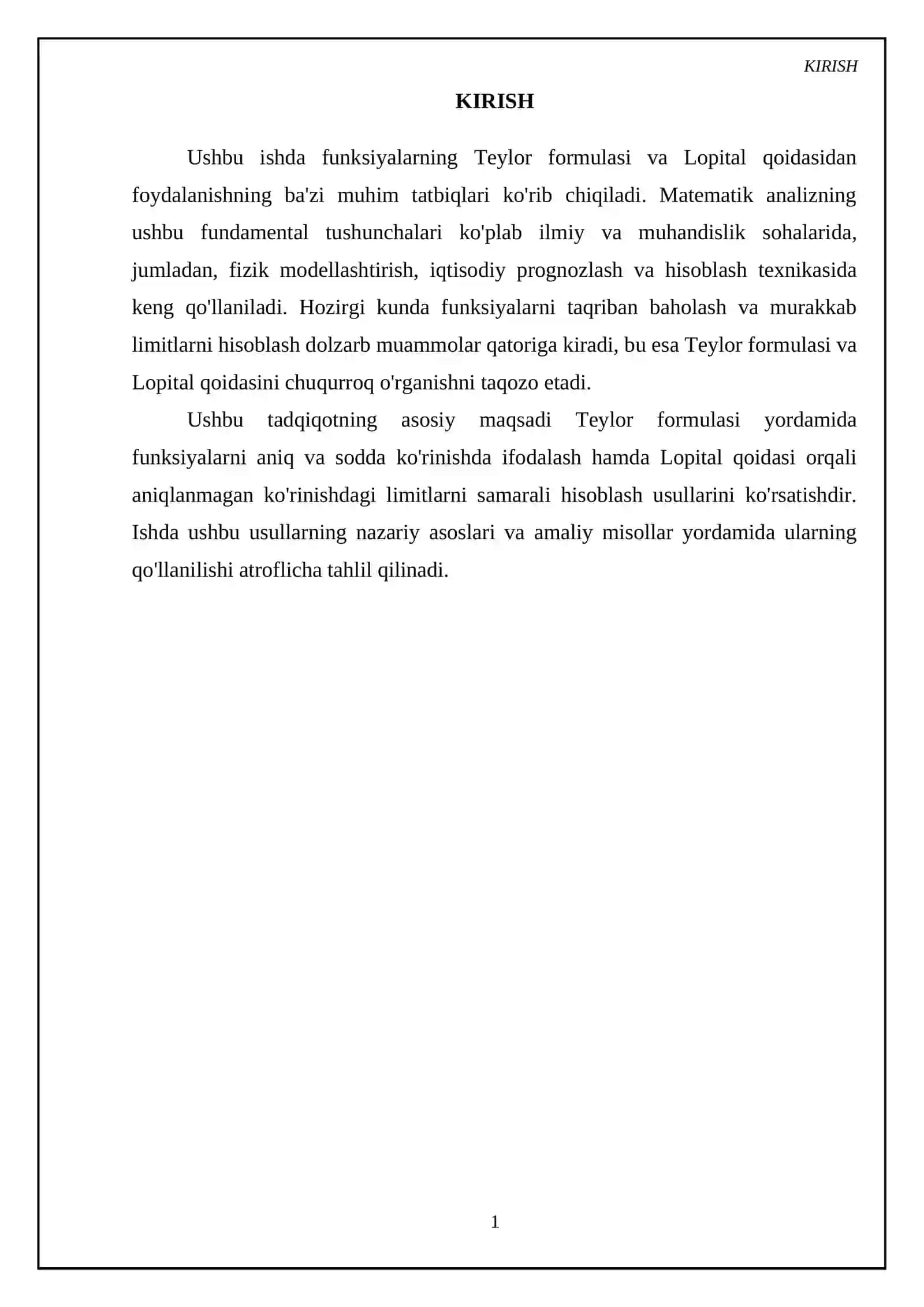 Hosilaning ba'zi tatbiqlari. Teylor formulasi. Lopital qoidasi 3