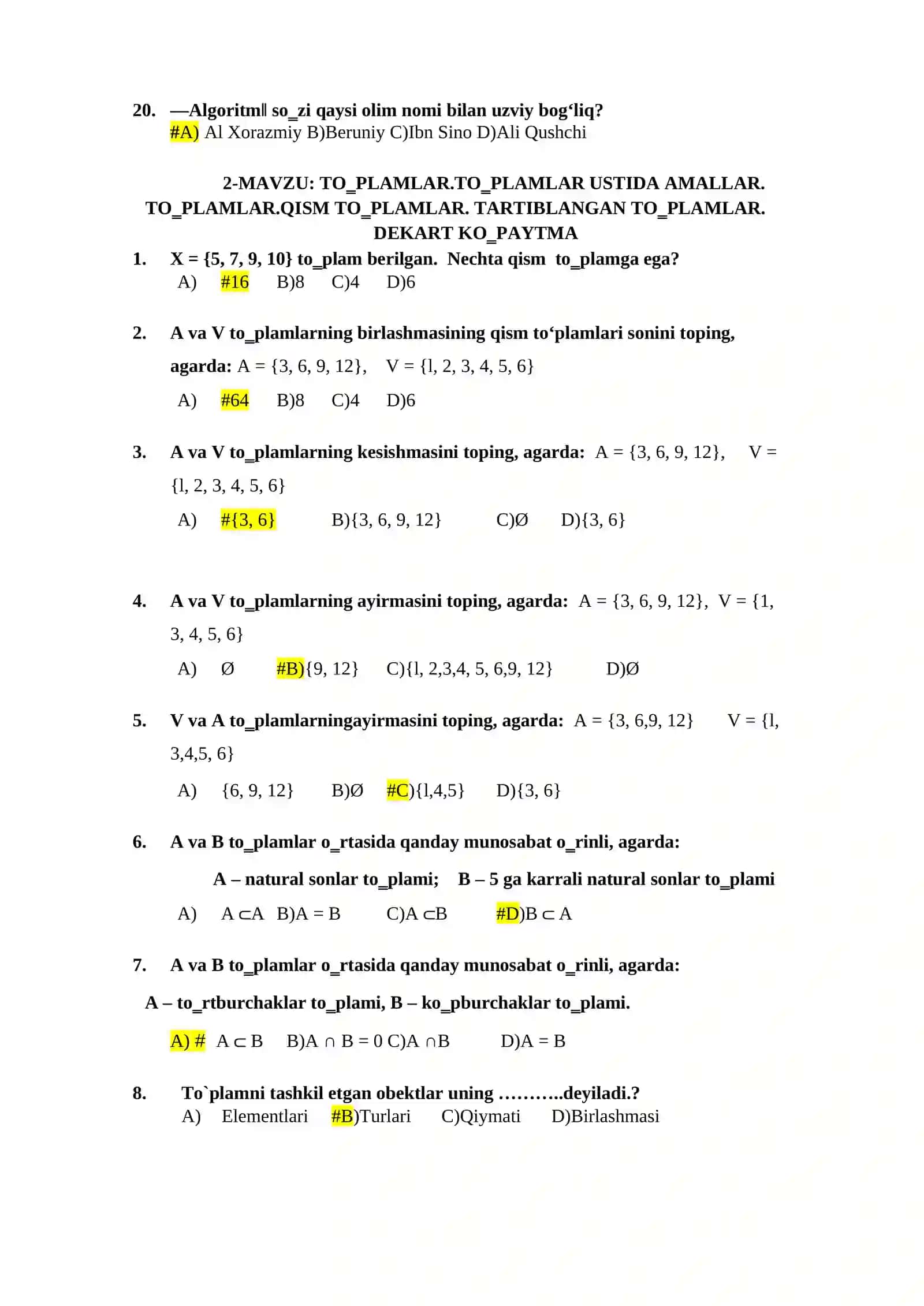 DISKRET TUZILMALAR FANIDA IV-SEMESTR MAVZULASHTIRILGA TESTLAR 3