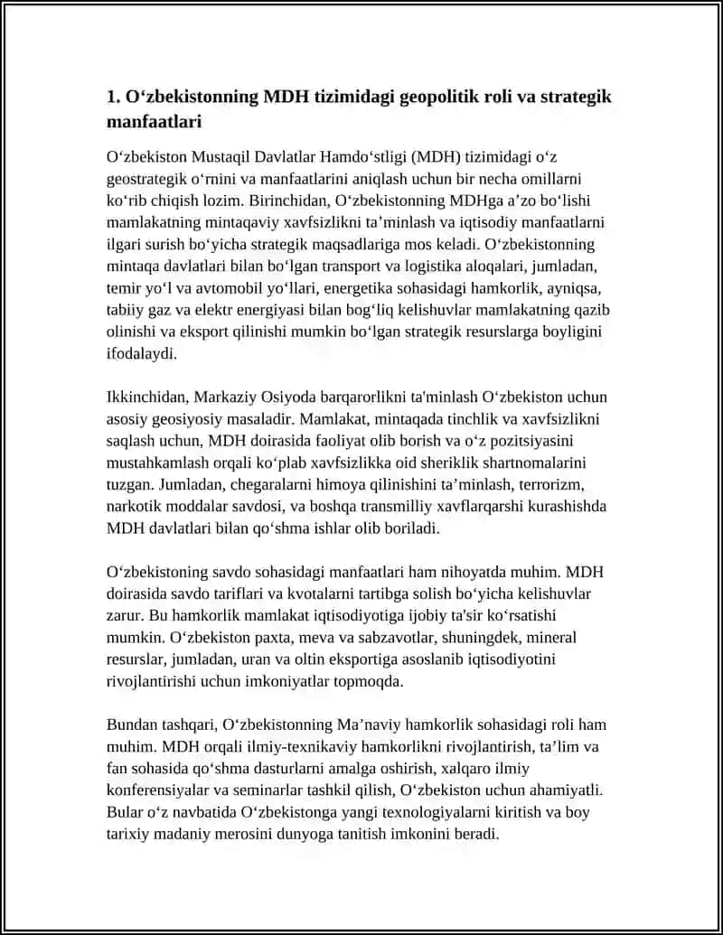 O‘zbekistonning MDH Dag‘i O‘rni va Markaziy Osiyo Davlatlari bilan O‘zar Hamkorligi 3