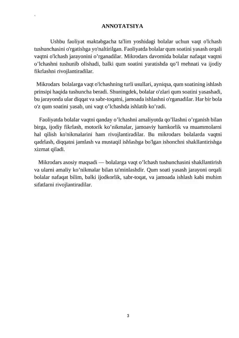 Vaqt oʼlchami. Qum soat yasash. (tayyorlov guruh) Qurish-yasash va matematika markazi 3