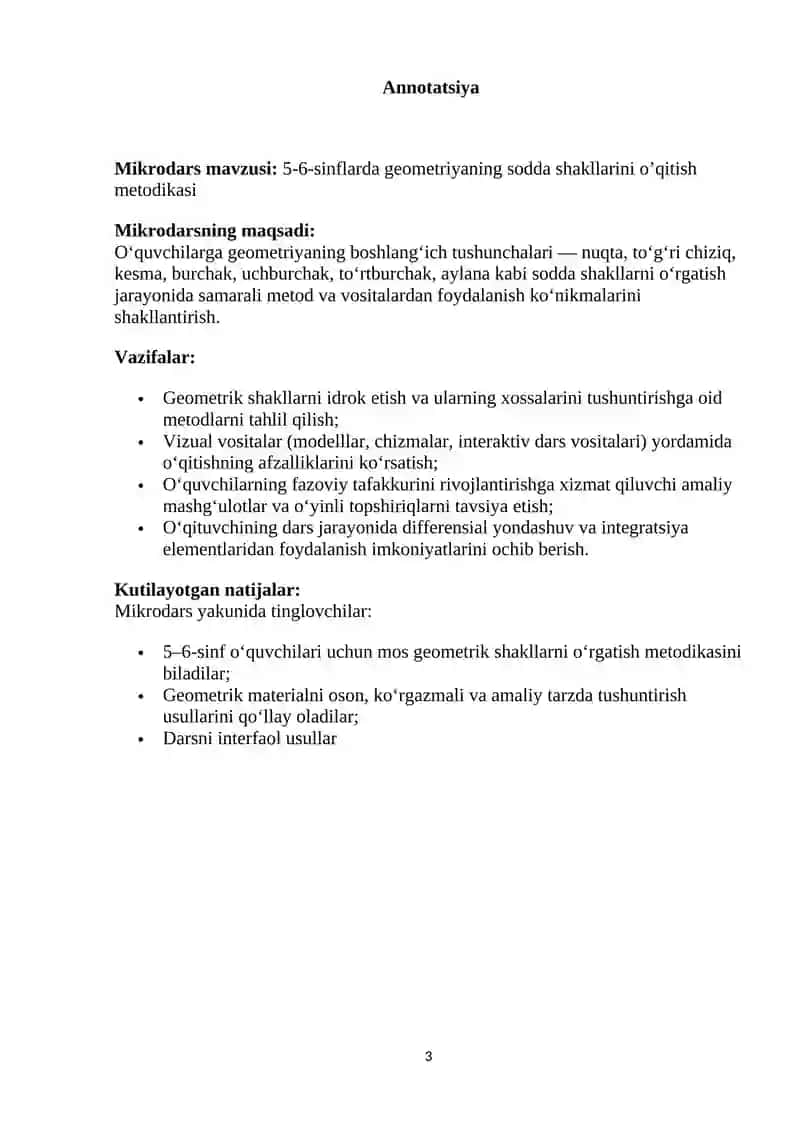 5-6-sinflarda geometriyaning sodda shakllarini o’qitish metodikasi Mikrodars 3