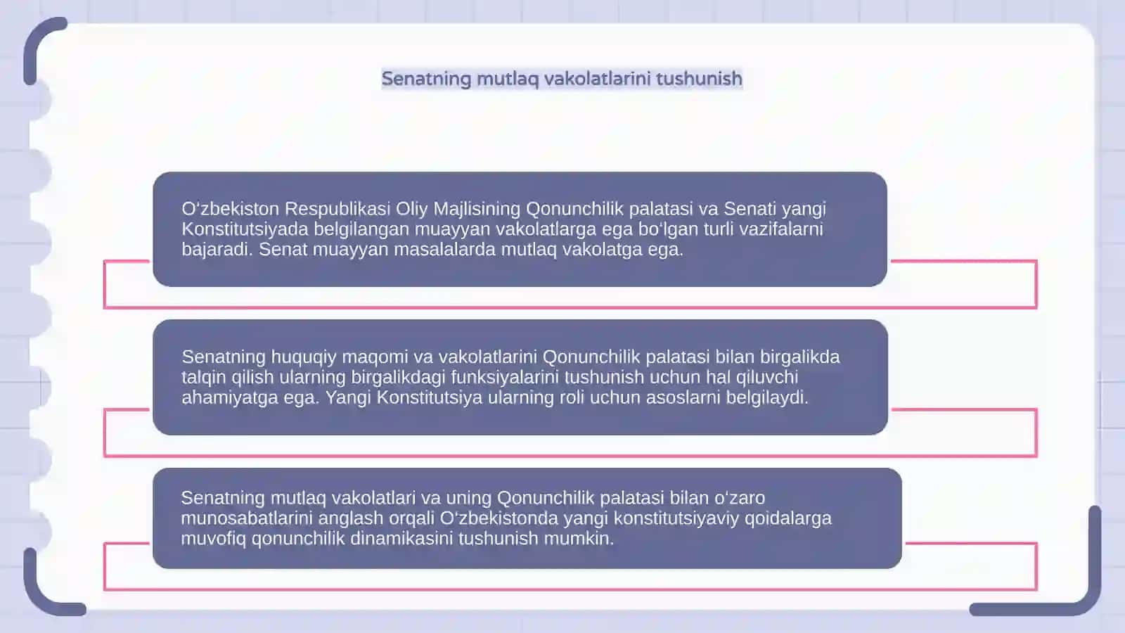 O'zbekiston Respublikasi Oliy Majlis Qonunchililik palatasi va Senatning huquqiy maqomi va mutlaq vakolatlarini hamda ularning birgalikdagi vakolatlarini yangi tahrirdagi O'zbekiston Respublikasi Konstitutsiyasi normalari as 3