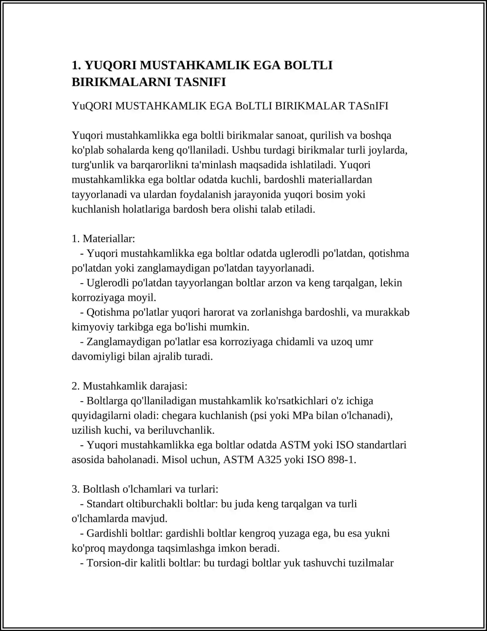 YUQORI MUSTAHKAMLIK EGA BOLTLI BIRIKMALARNI TASNIFI 3