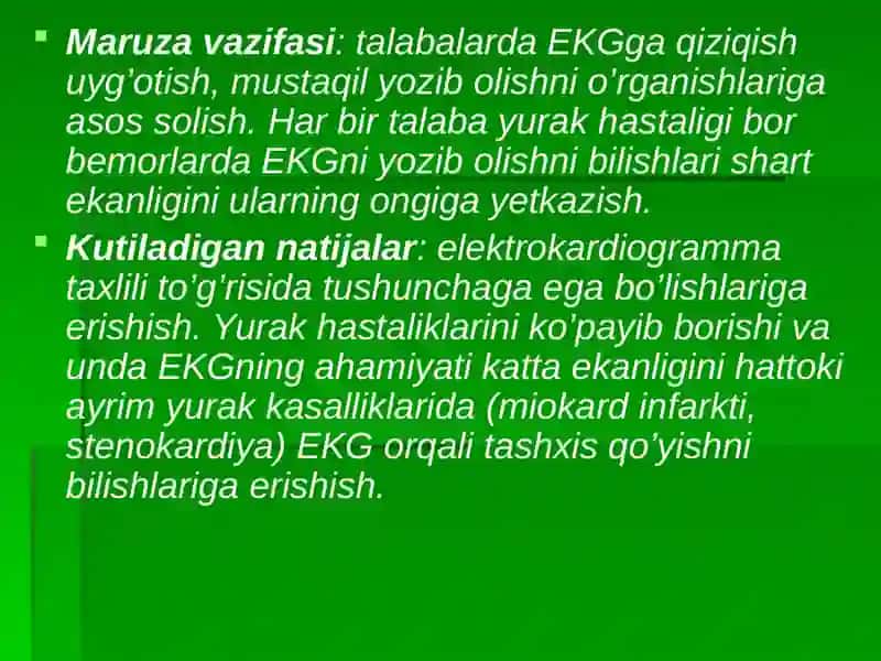 Elektrokardiografiya (EKG).  EKG o’zgarishlari. Yurak bo’lmachalari, qorinchalari  gipertrofiyasi. O’tkir miokard infarktidagi EKG ko’rinishi. Aritmiyalarning klinik va EKG diagnostikasi. Defibrillyatsiya to`g`risida tushuncha 3