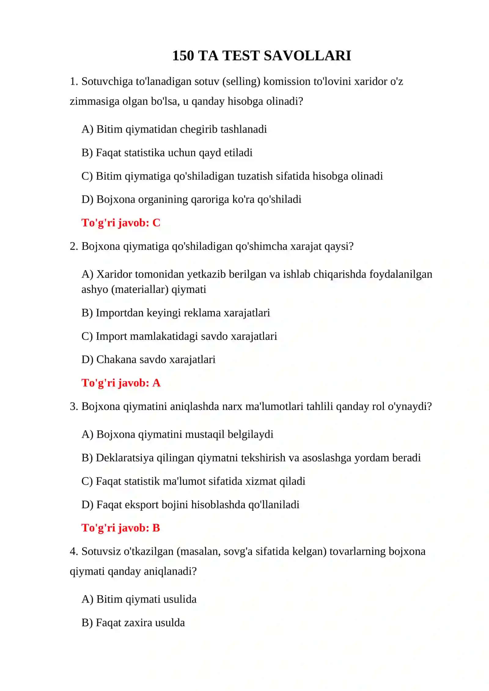 BOJXONA QIYMATI BO'YICHA IMTIHON 3