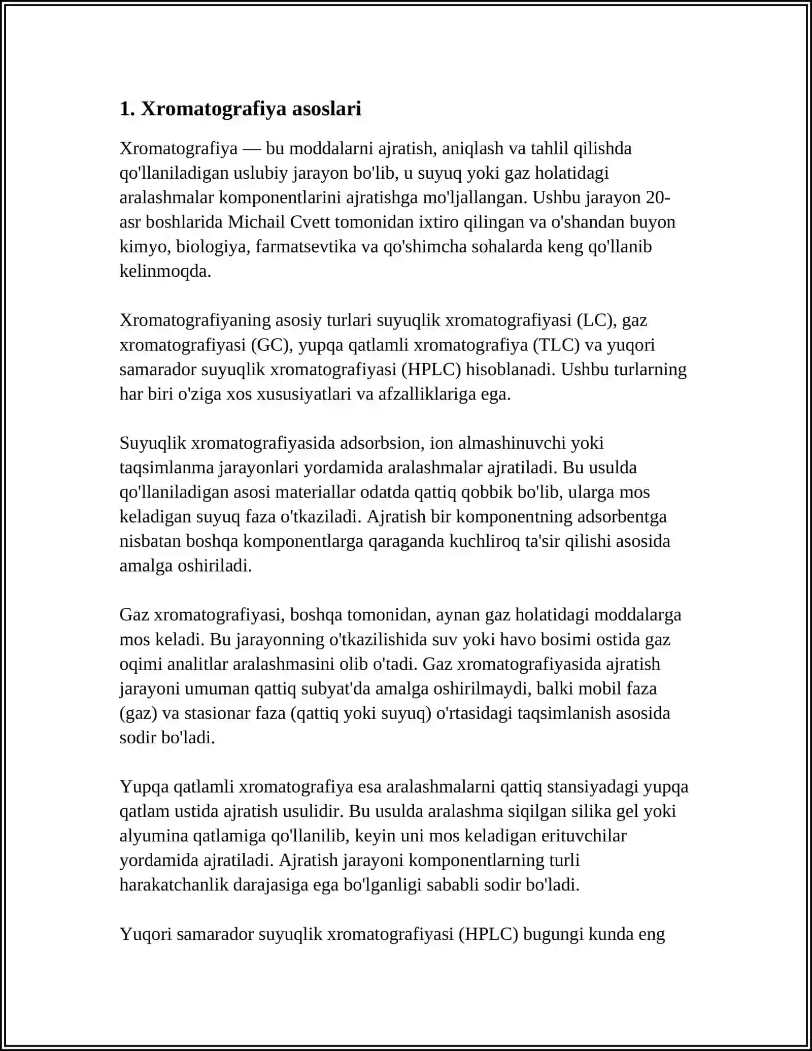 XROMATOGRAFIYAIKOGʻAZI. MOXIYATI USUL TAVSIFI MIQDORI. MARHILAHOI MOBILI VA STATSIYONARI 3