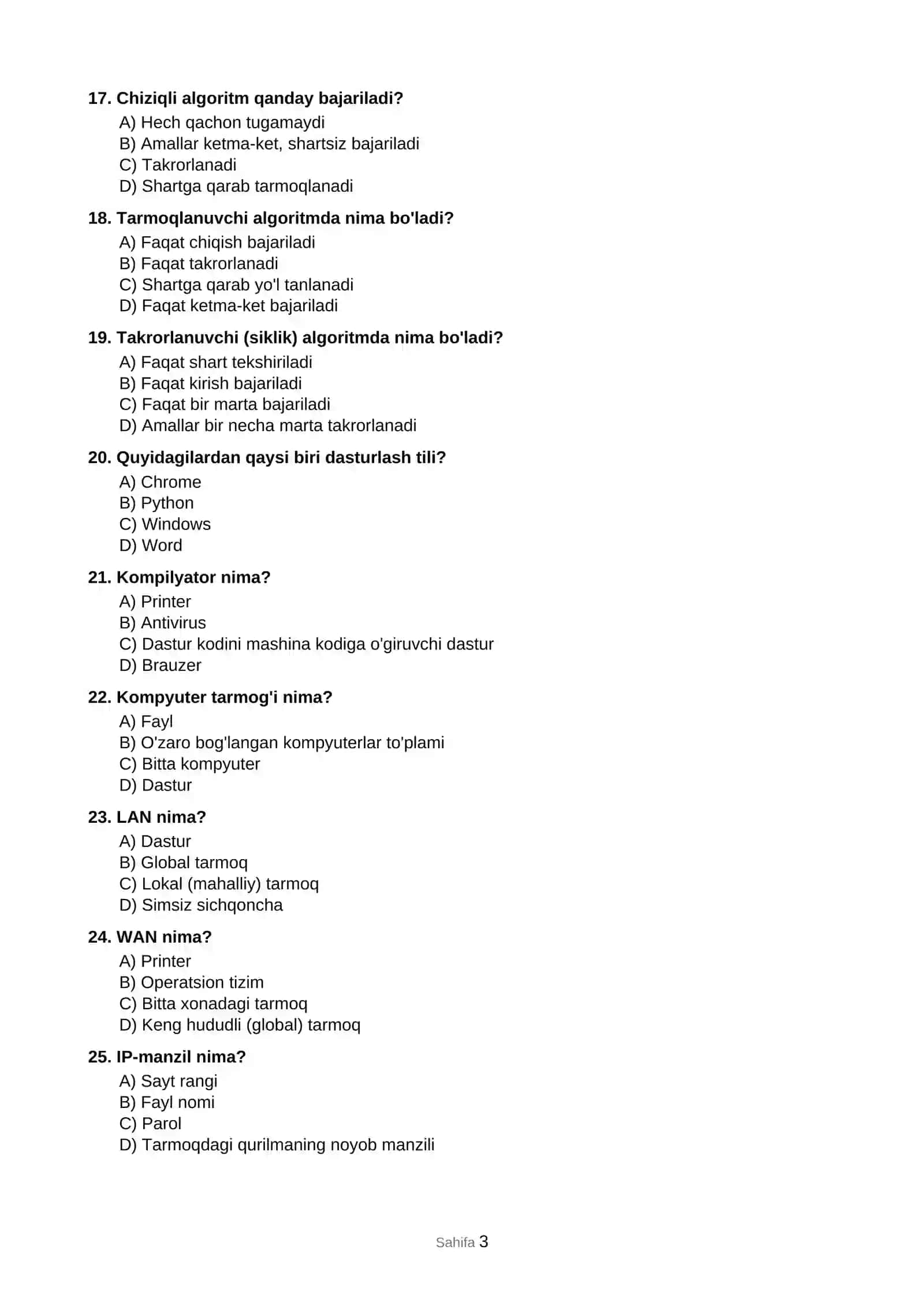 Informatika: Umumiy test to'plami 3