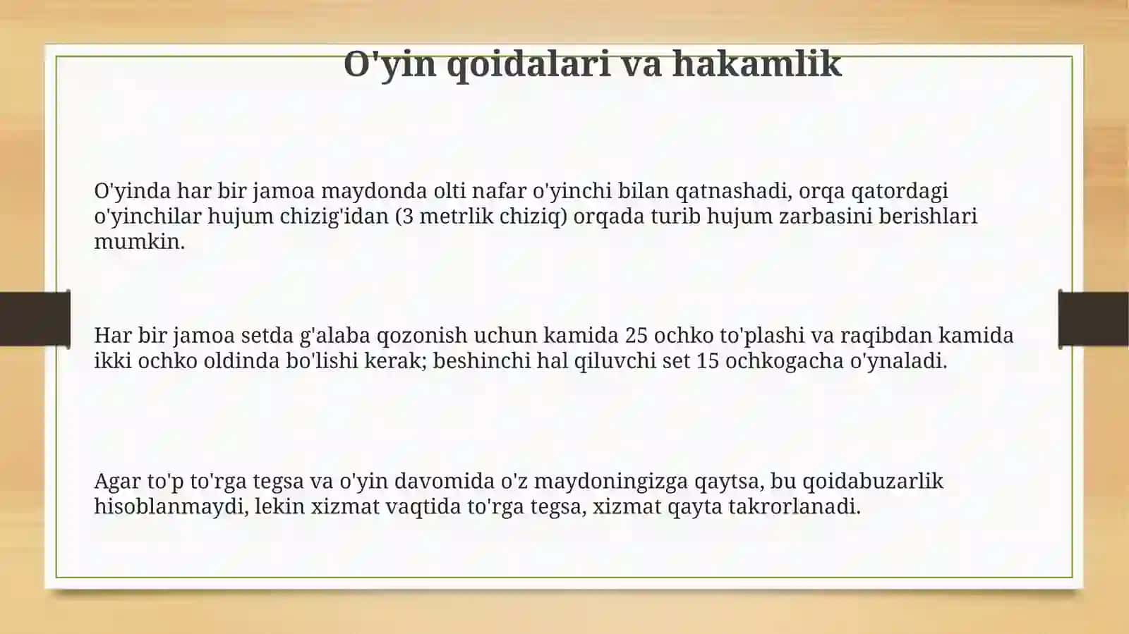 Voleybol oʻyini qoidasi, texnikasi va taktikasi 3