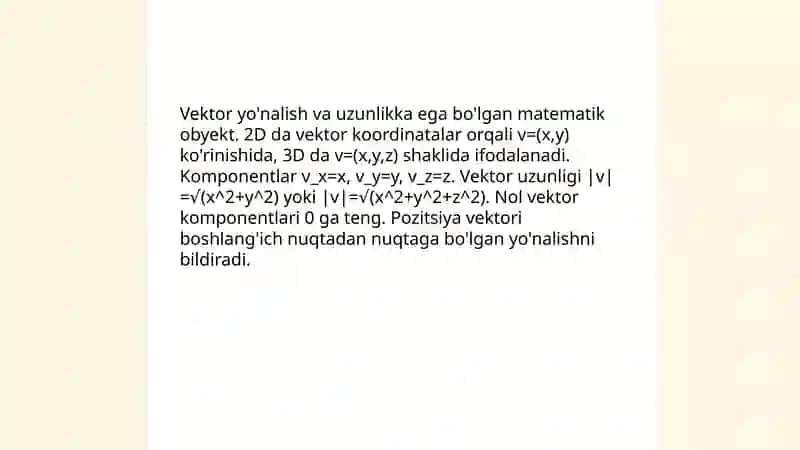 Vektorlar.Vektor koordinatalari.Koordinatalari bilan berilgan vektorlar ustida amallar 3