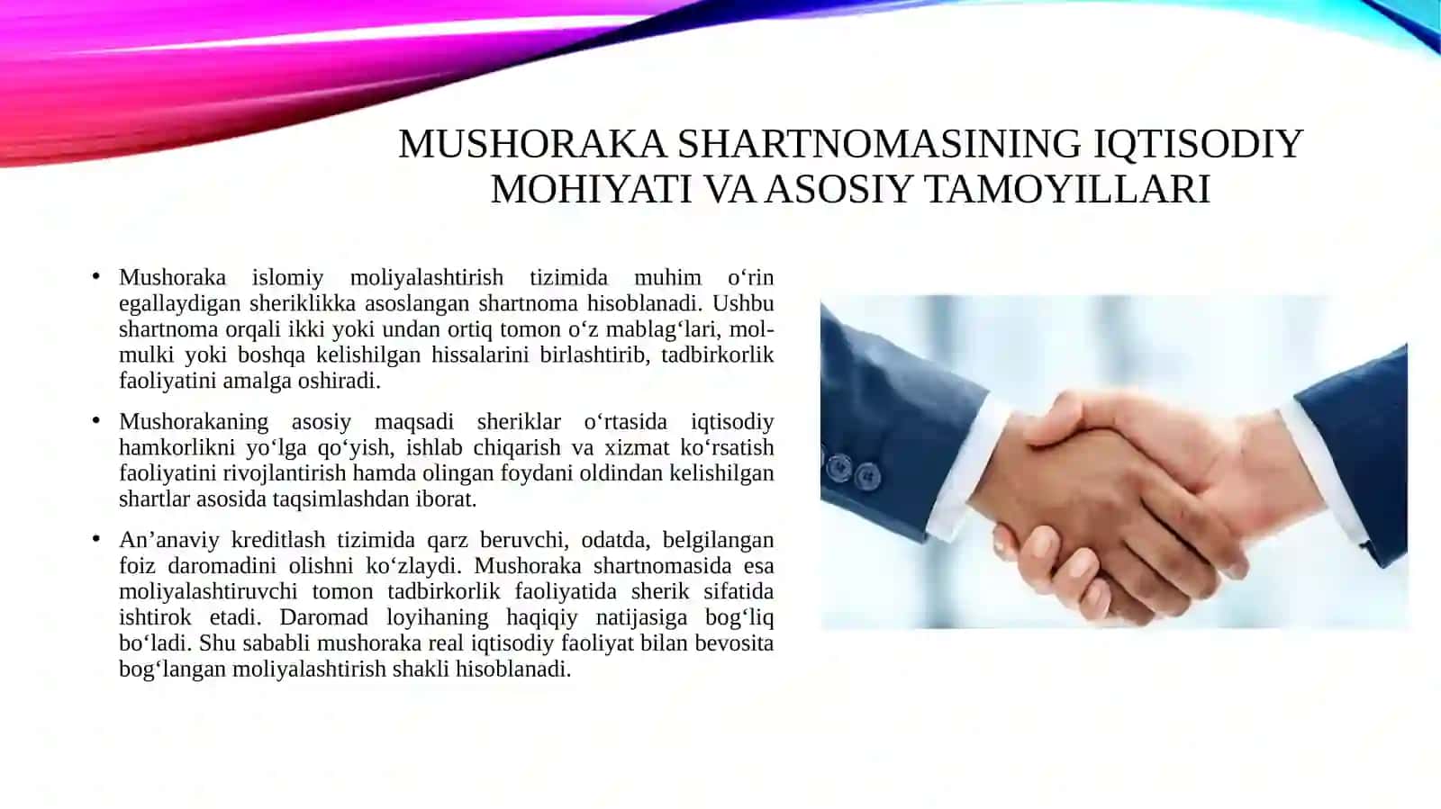 Mushoraka shartnomasi va uning tadbirkorlik loyixalarini moliyalashtrishdagi imkoniyatlari 3